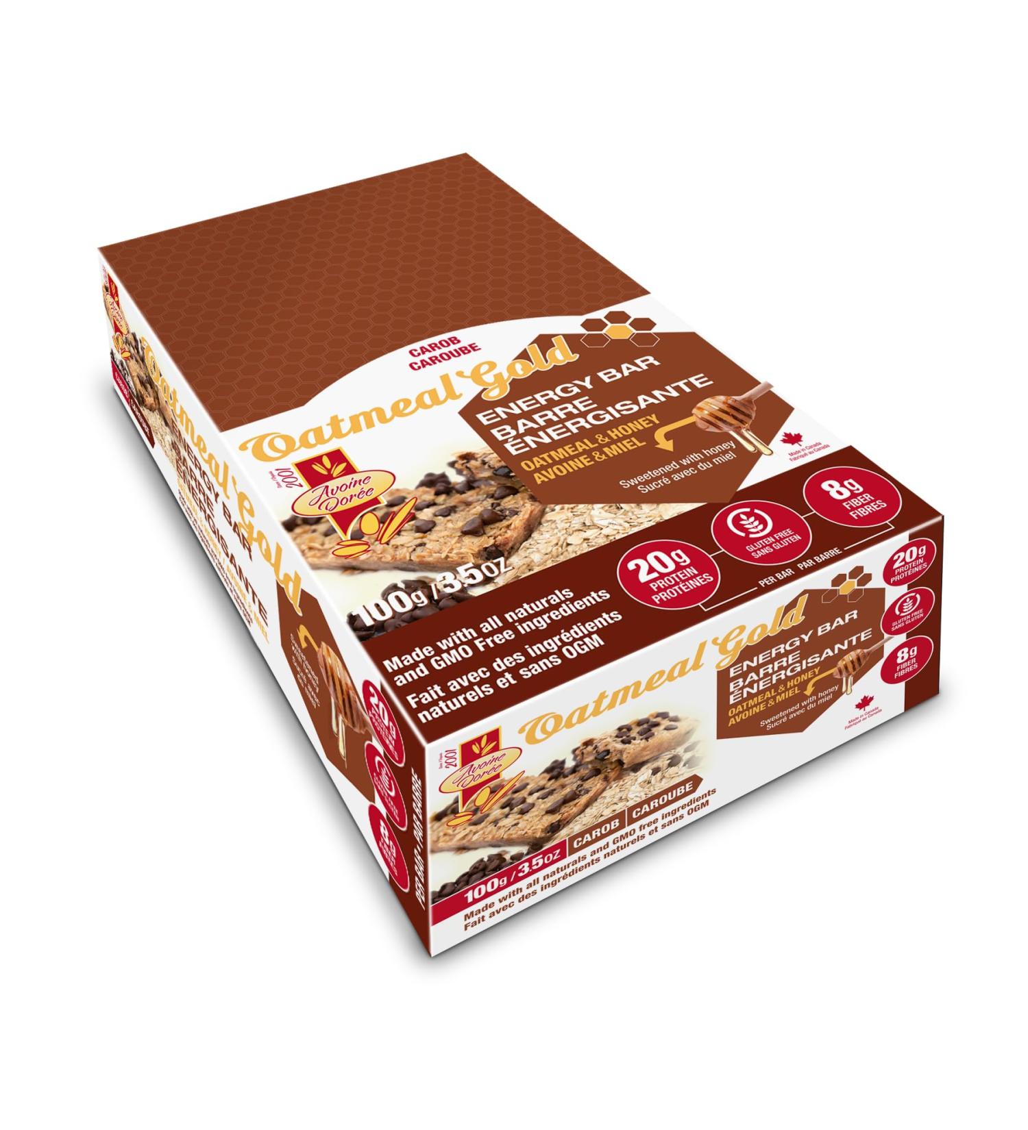 Oatmeal & Honey Protein - Energy Bar Gluten Free Snack High in Fiber Carob 100g Bar (12 count) Carob 100 grams