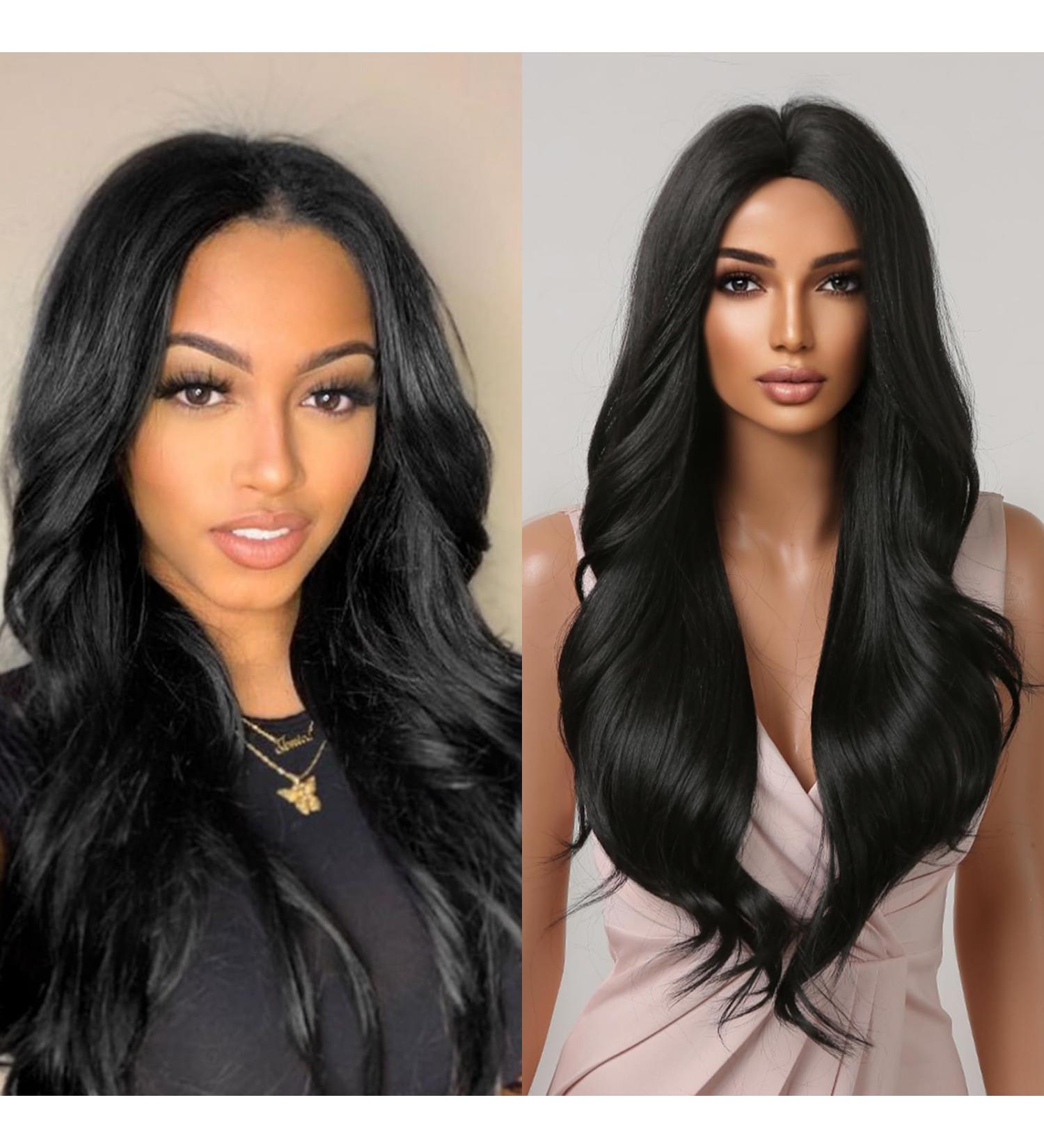 Long Curly Black Wigs for Women | Natural Wavy Synthetic Middle Part Wig - Shop Internationally! - Buy Online on GoSupps.com