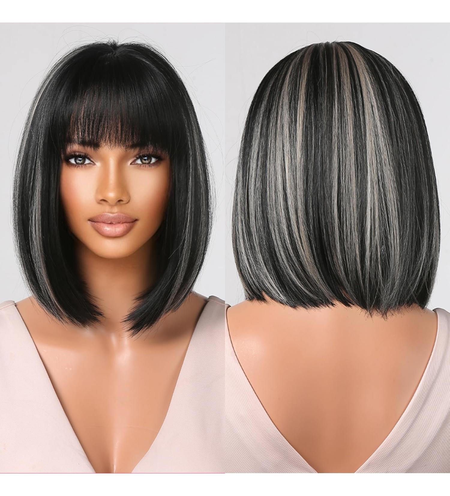 Testar 14-Inch Black & Gray Bob Wig for Women - Short Synthetic Wig with Ponytail & Highlights | Heat-Resistant Fiber for Daily & Party Use - Buy Online on GoSupps.com