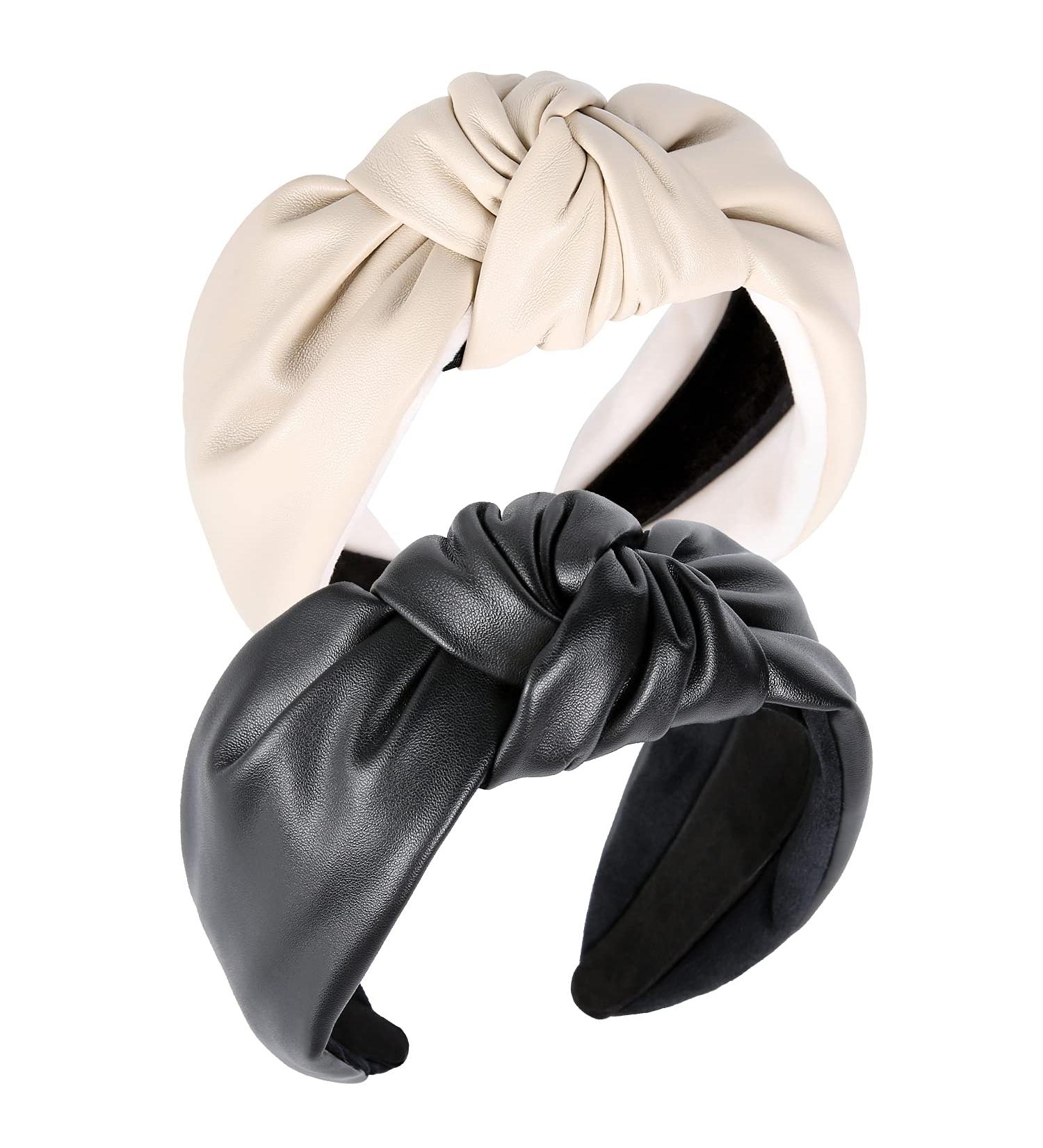 QIANXUAN Wide Cloth Headband Set for Women - 2Pcs Black Leather and Beige Top Knot Hair Bands - Buy Online on GoSupps.com
