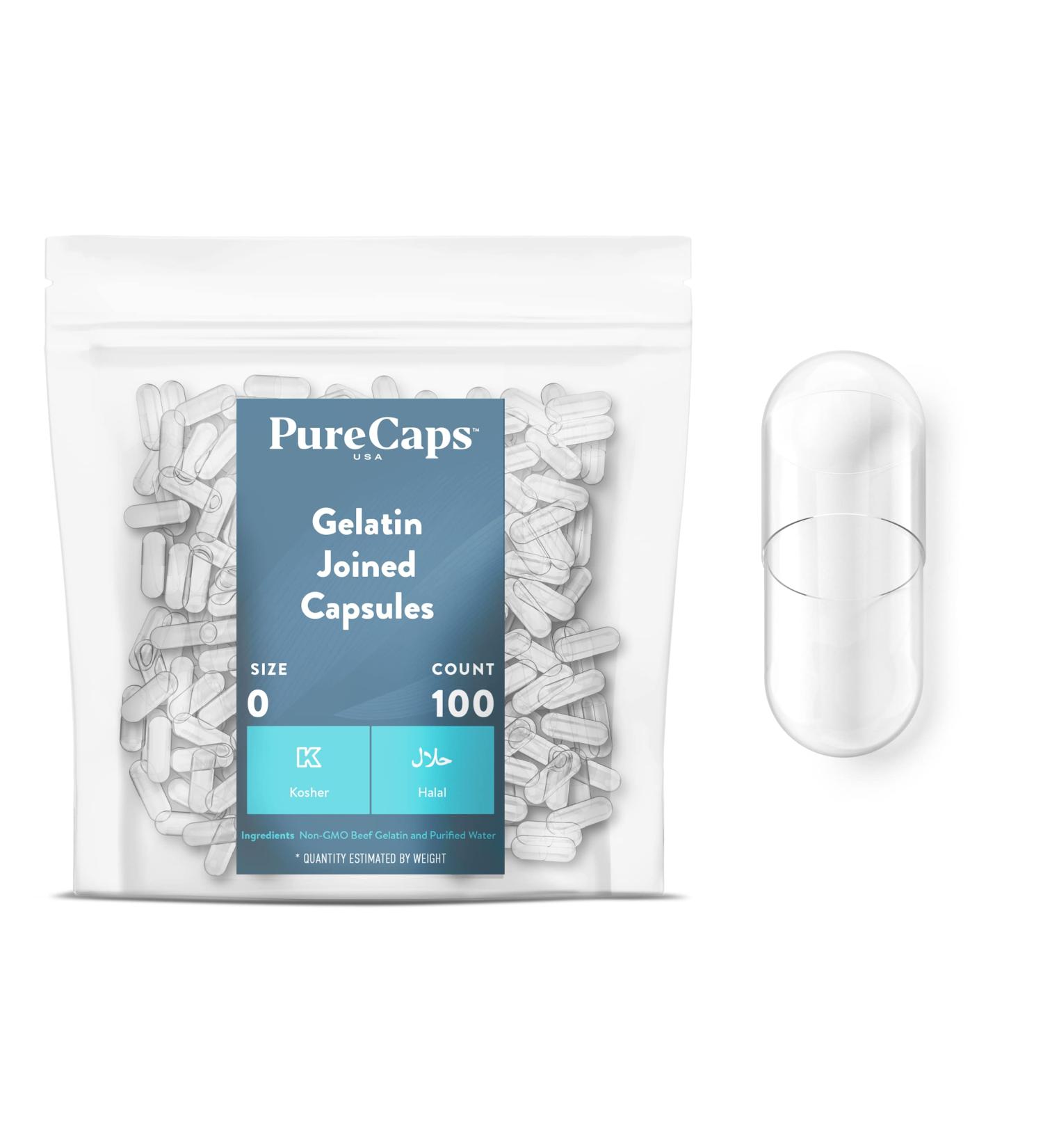 PureCaps USA Clear Gelatin Capsules Size 0 - 100 Count Non-GMO, Kosher, Halal, Gluten-Free Beef Gel Pills - Buy Online on GoSupps.com