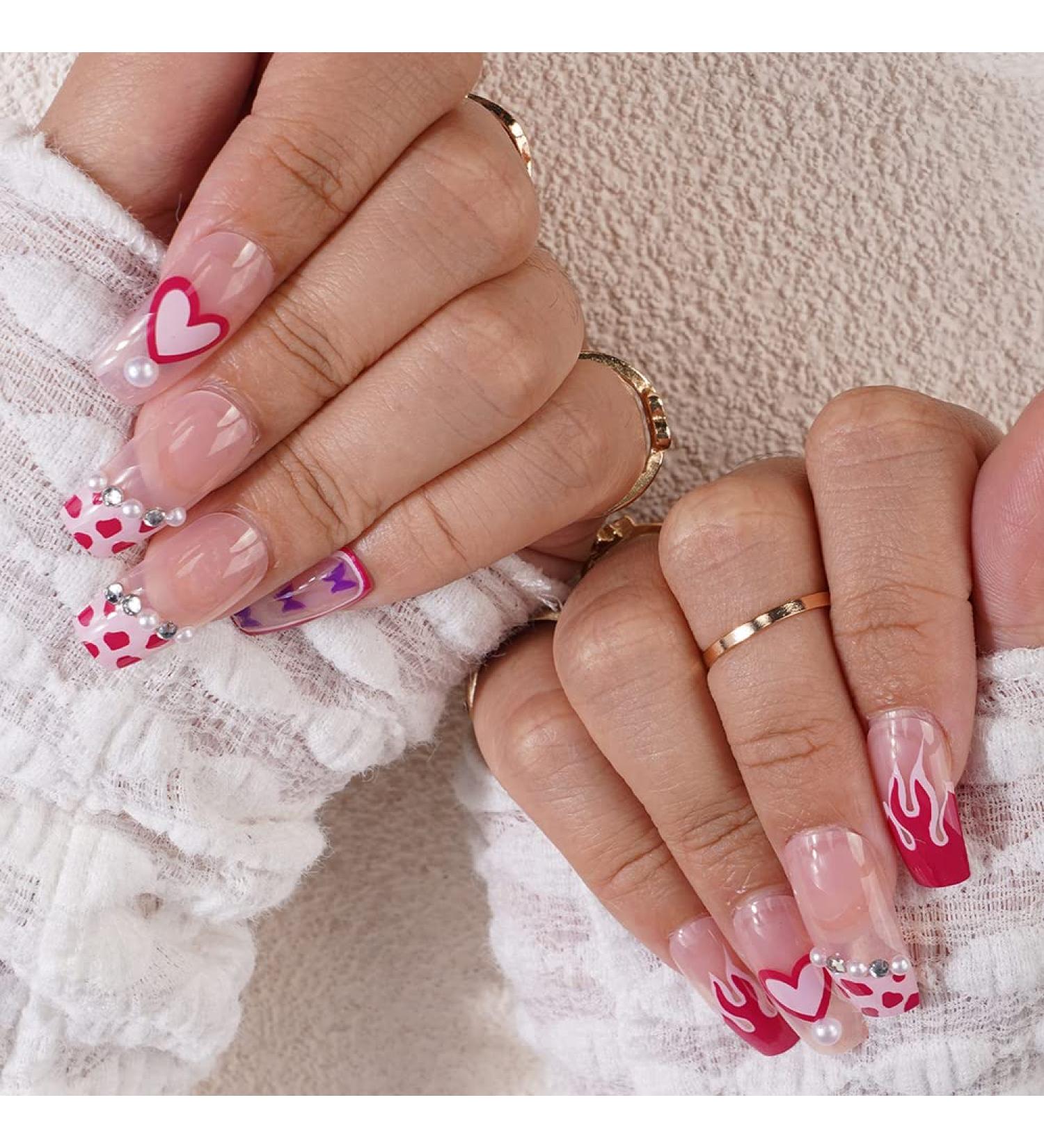 Xerling 24Pcs Press On False Nails with Rhinestones - Red Heart Butterfly Coffin Fake Nails for Women & Girls - Full Cover Stick-On Nail Art (Pattern E - Buy Online on GoSupps.com