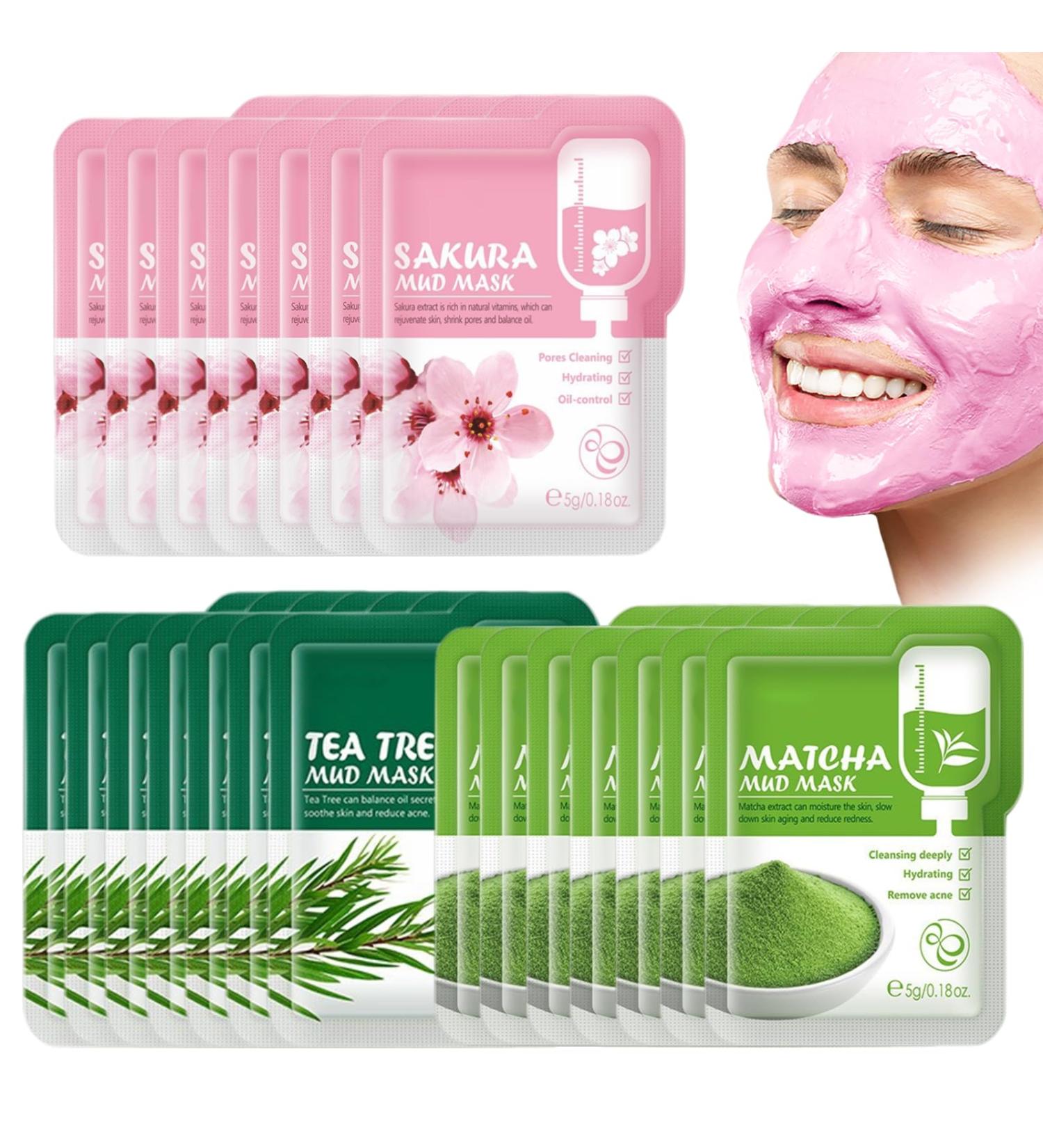 VEROA 21 Pieces Clay Mask - Natural Cherry Blossom/Tea Tree/Green Tea Face Mask - Deep Cleansing Anti Aging Brightening Hydrating Face Mask for All Skin Types Face Masks Skincare - 5g*21 - Buy Online on GoSupps.com