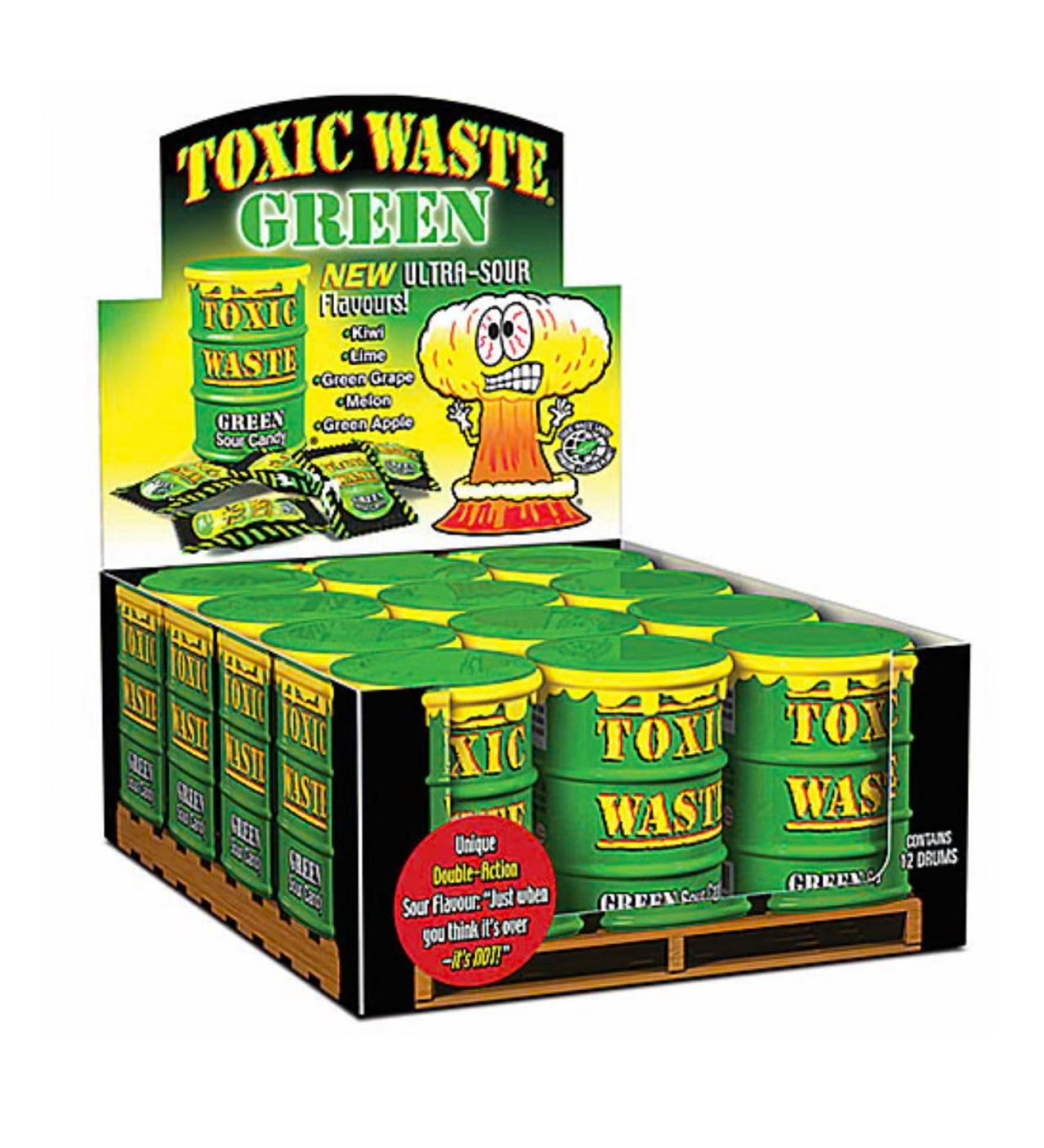 Toxic Waste Candy Green Drums 12 pack 42g per can - Kiwi Lime Green Grape Melon Green Apple Original from USA