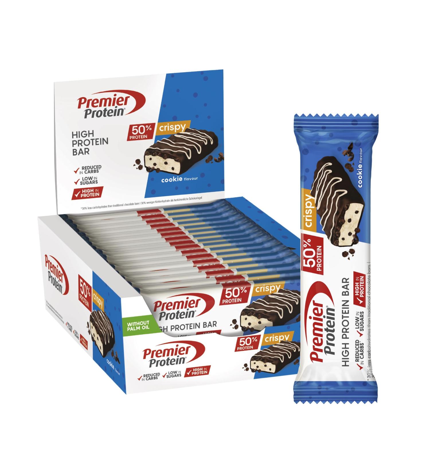 Premier Protein High Protein Bar Crispy Cookie 16x40g - High Protein Low Sugar + Palm Oil Free - Buy Online on GoSupps.com