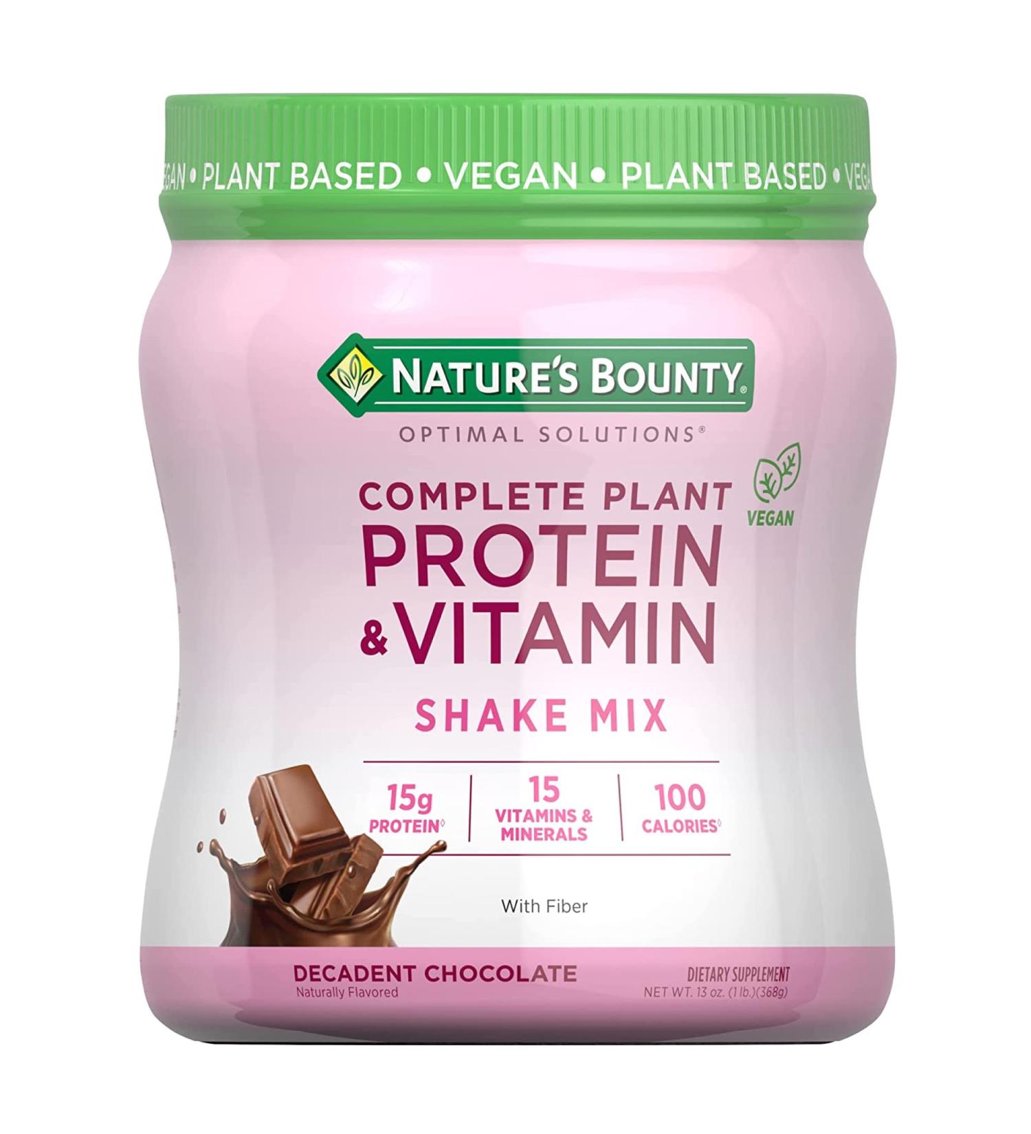 Buy Nature's Bounty Optimal Solutions Plant Protein & Vitamin Shake Mix - Decadent Chocolate Flavor 13 oz - Fiber-Rich Plant-Based Nutrition - Buy Online on GoSupps.com