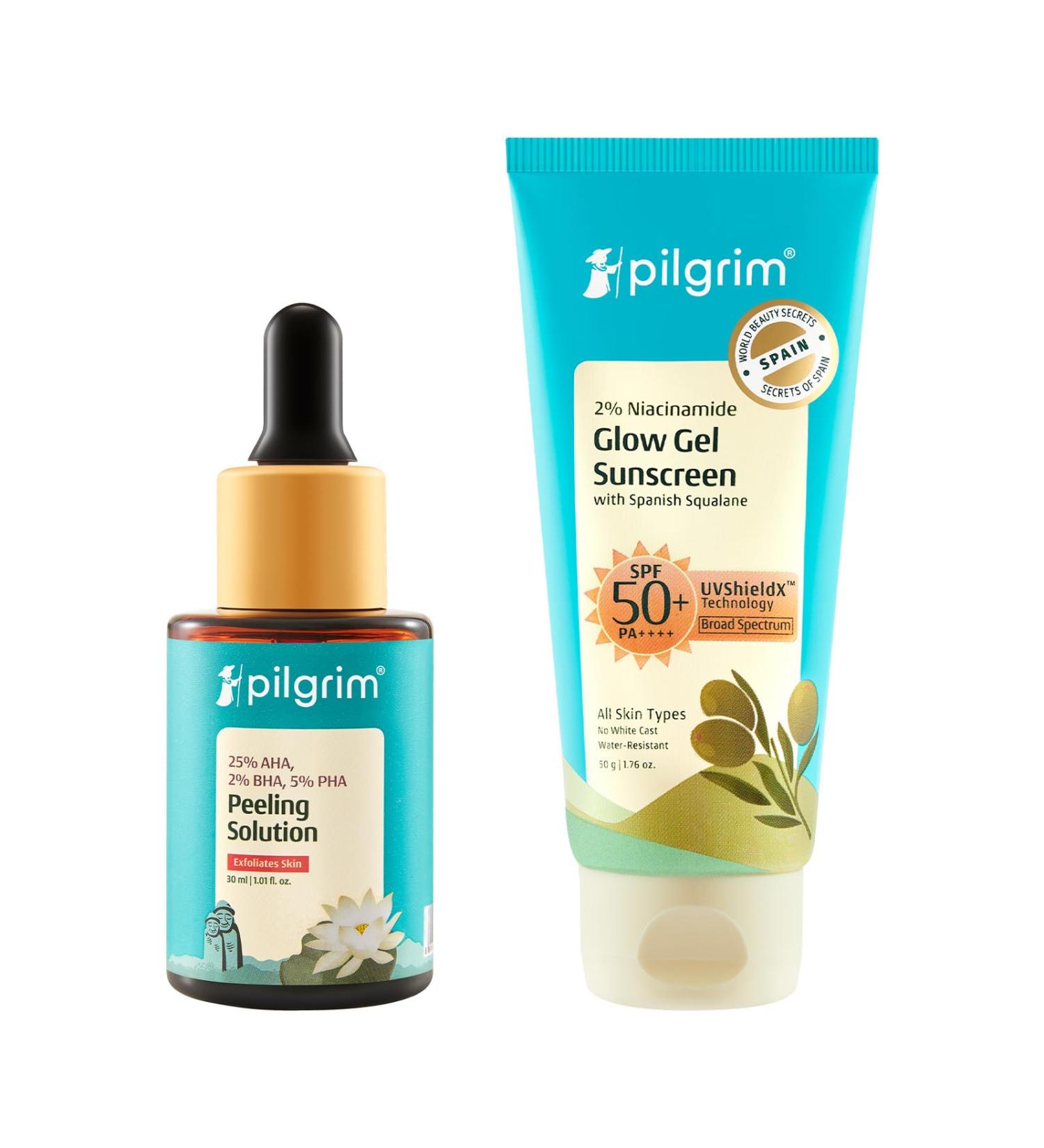 Pilgrim Anti-Tan Skincare Combo: 2% Niacinamide Glow Sunscreen SPF 50 +++ & 25% AHA + 2% BHA + 5% PHA Peeling Solution|Sun Protection & Deep Exfoliation | For Even Skin Tone & Radiant Glow - Buy Online on GoSupps.com