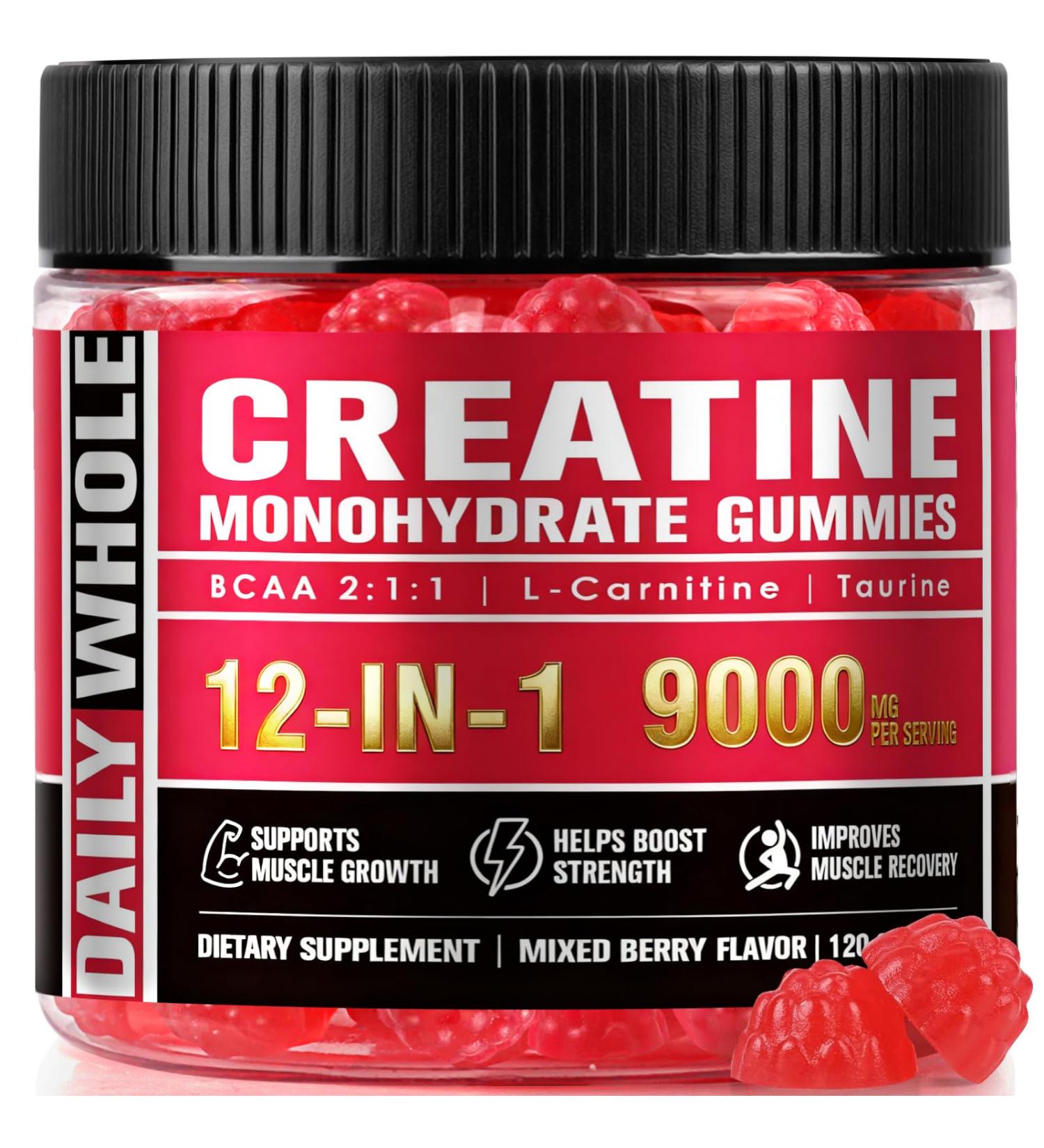 12 IN 1 Creatine Monohydrate Gummies Complex 9000mg for Women and Men to Support Muscle, Creatina gummy with L-Carnitine, B12, BCAA 2:1:1, Sugar Free, Non-GMO & Vegan, 120 Gummies,Mixed Berry Flavor - Buy Online on GoSupps.com