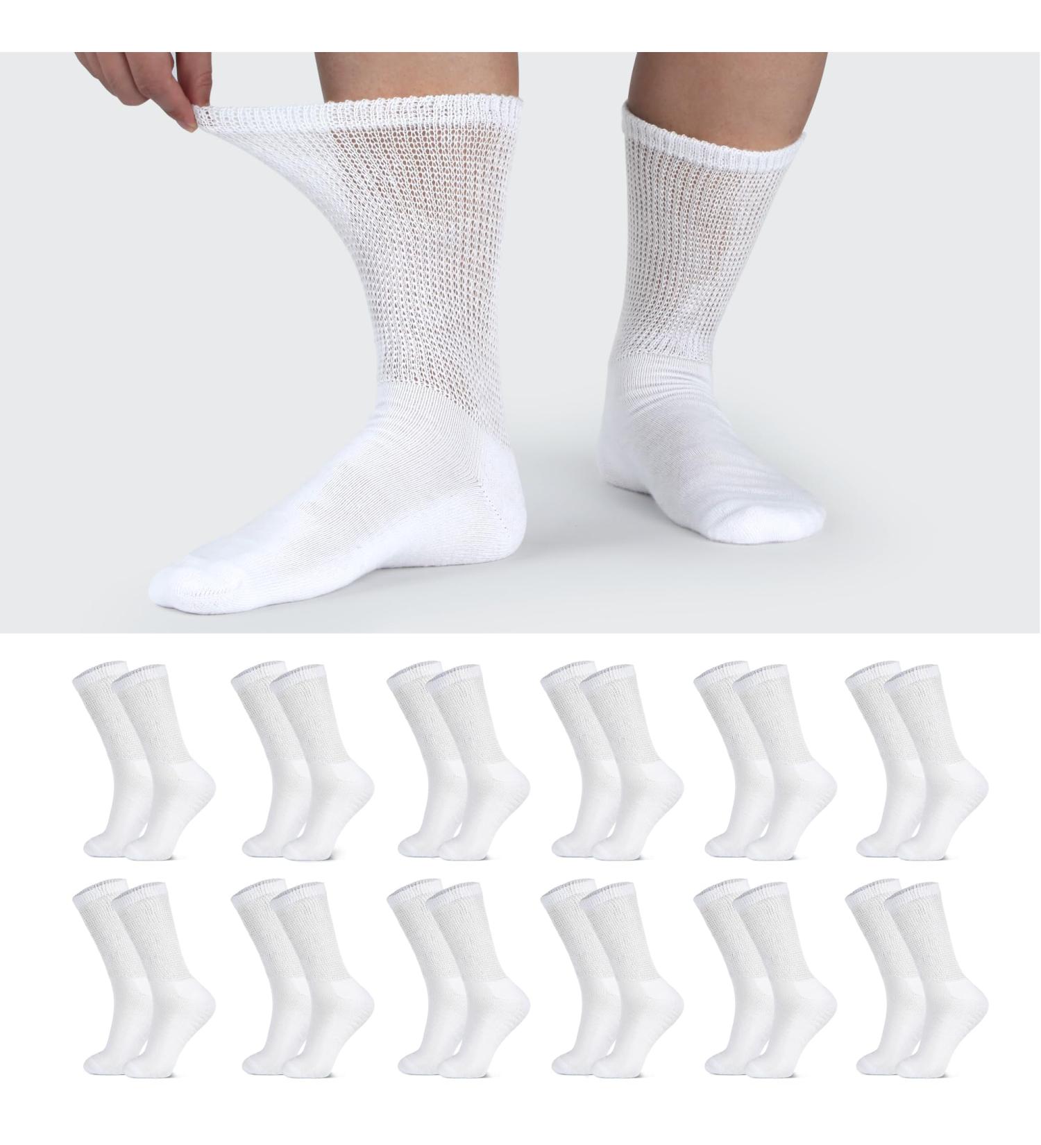 LIN Diabetic Socks for Men & Women | Non-Binding Circulatory Extra Wide Top | 12 Pairs Crew/Snow White - Buy Online on GoSupps.com