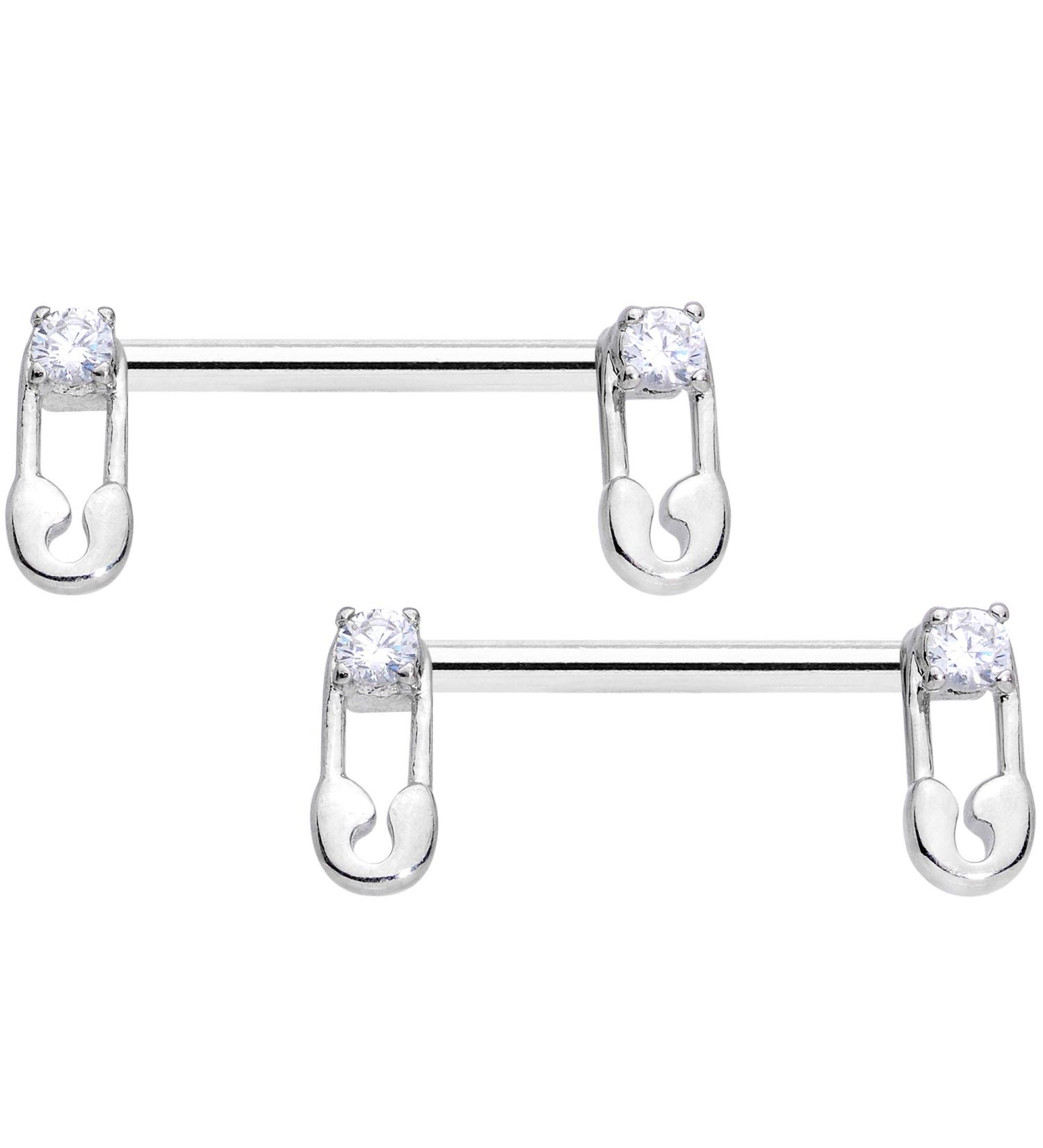Body Candy 14G Womens Nipplerings Piercing 316L Steel 2Pc Clear Accent Safety Pin Nipple Ring Set 9/16"