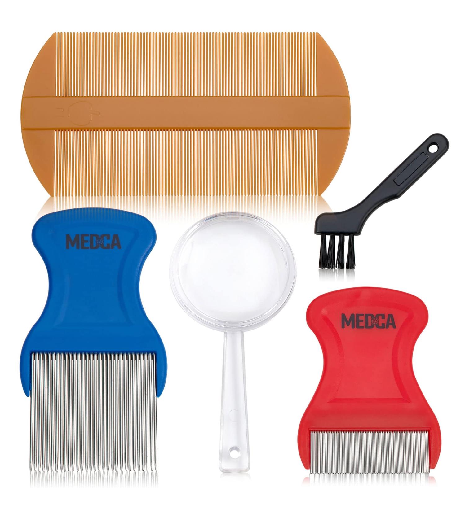 Premium 5 Piece Lice Kit - Nit Removal Set with Fine Tooth Comb and Magnifier - Removes Lice and Eggs, Comfortable Rounded Tips - Full Treatment Louse Comb Set - Buy Online on GoSupps.com