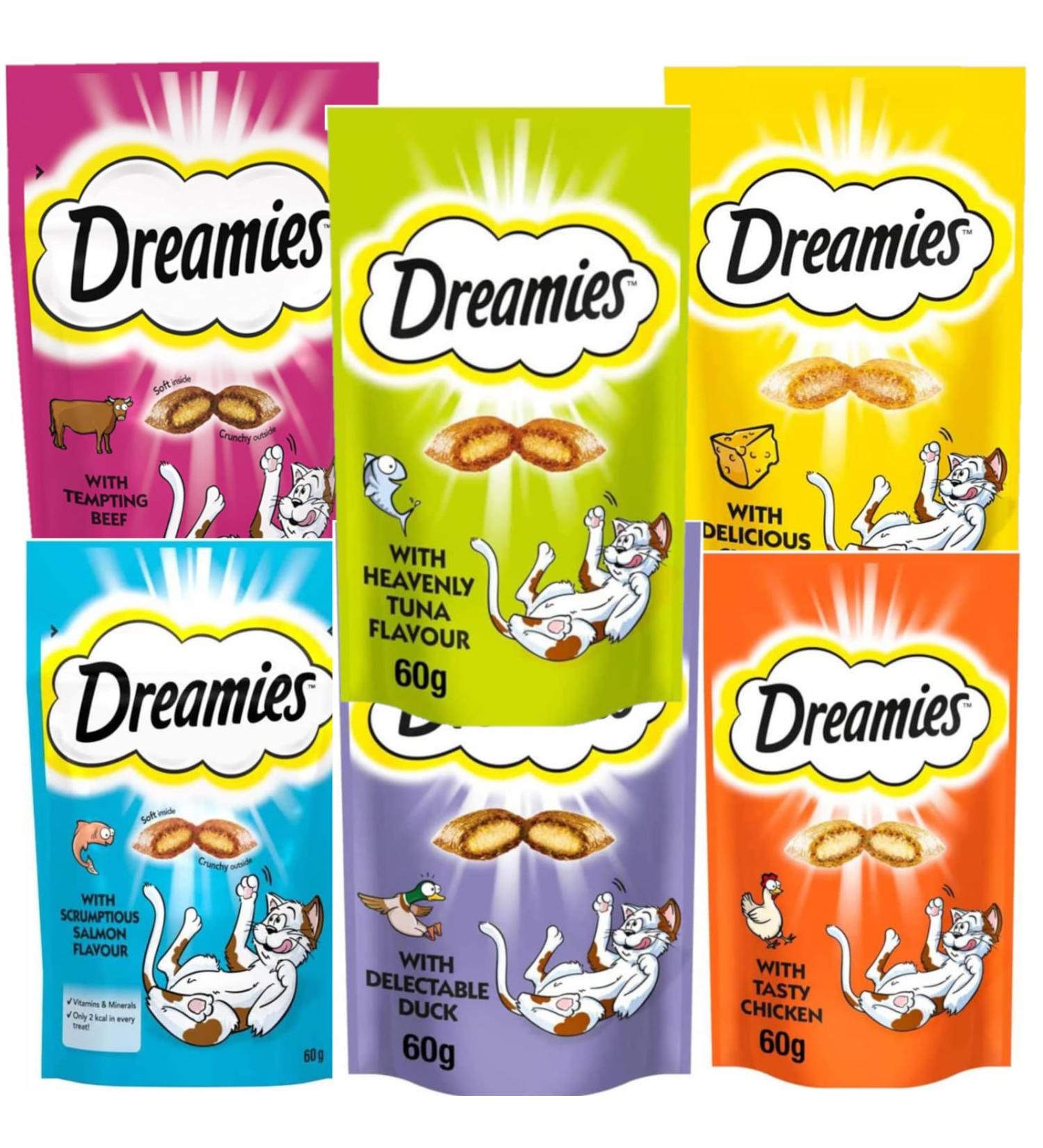 Pulla Dreamies Cat Treats Selection Box Chicken Cheese Salmon Beef Duck Turkey - 6 x 60g Bags - Buy Online on GoSupps.com