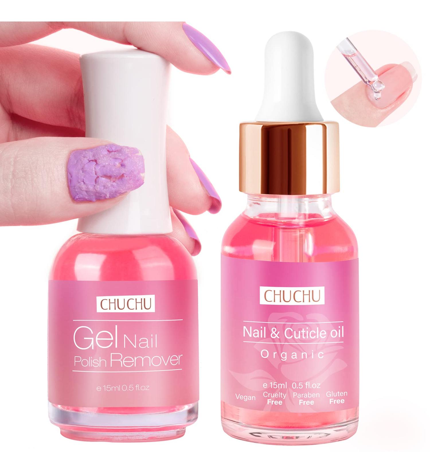 CHUCHU Gel Nail Polish Remover - 15ml with Nail Cuticle Oil for Quick & Easy Removal, Moisturizes & Strengthens Nails - Soothing & Nourishing Formula - Buy Online on GoSupps.com