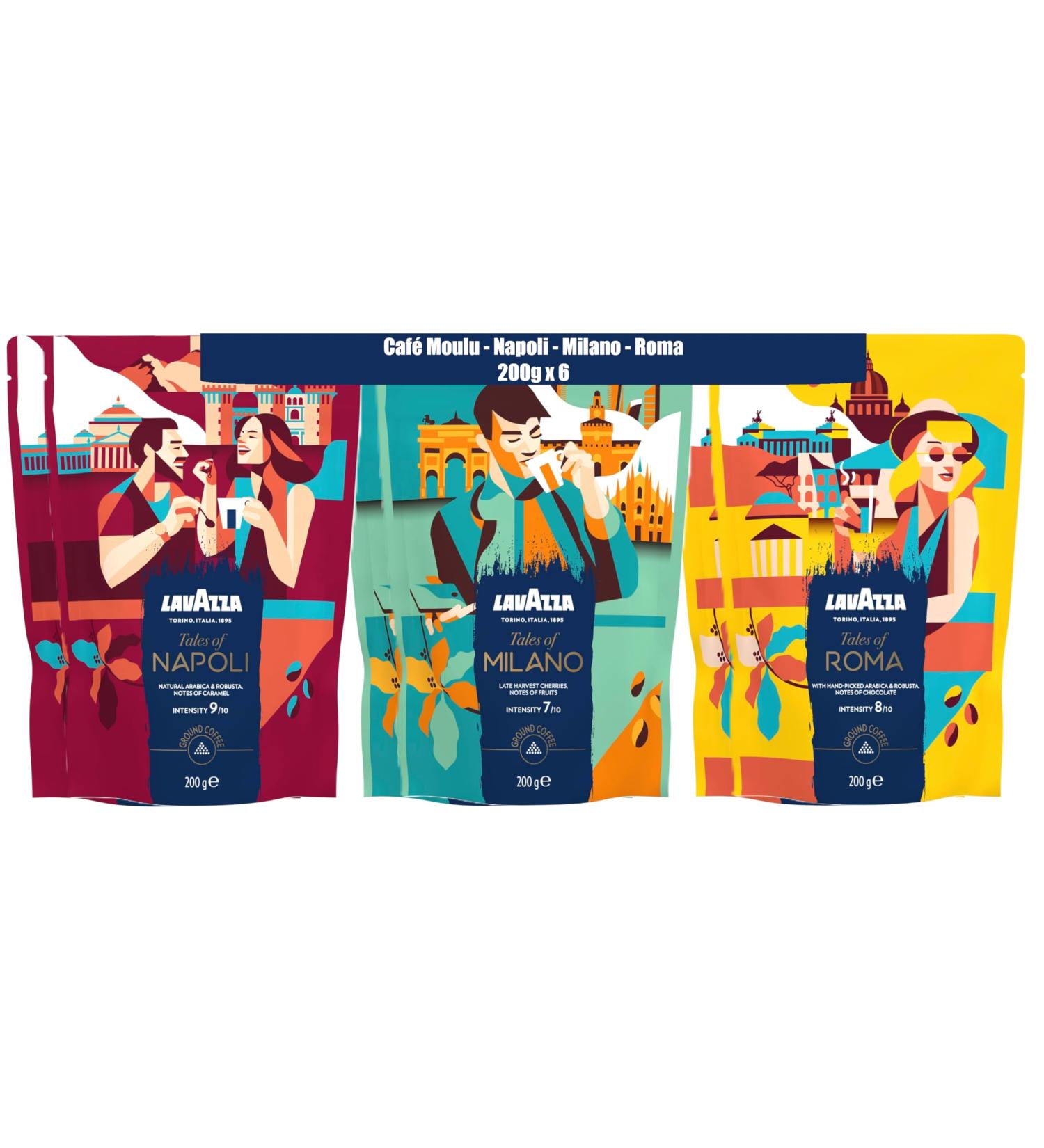 Lavazza Tales of Italia Lot de 6x200g Caf Moulu (Milano + Roma + Napoli) 1 2kg Id al pour Machine Expresso Filtre ou Manuelle Arabica & Robusta Intensit s 7/8/9 Notes Vari es - Buy Online on GoSupps.com