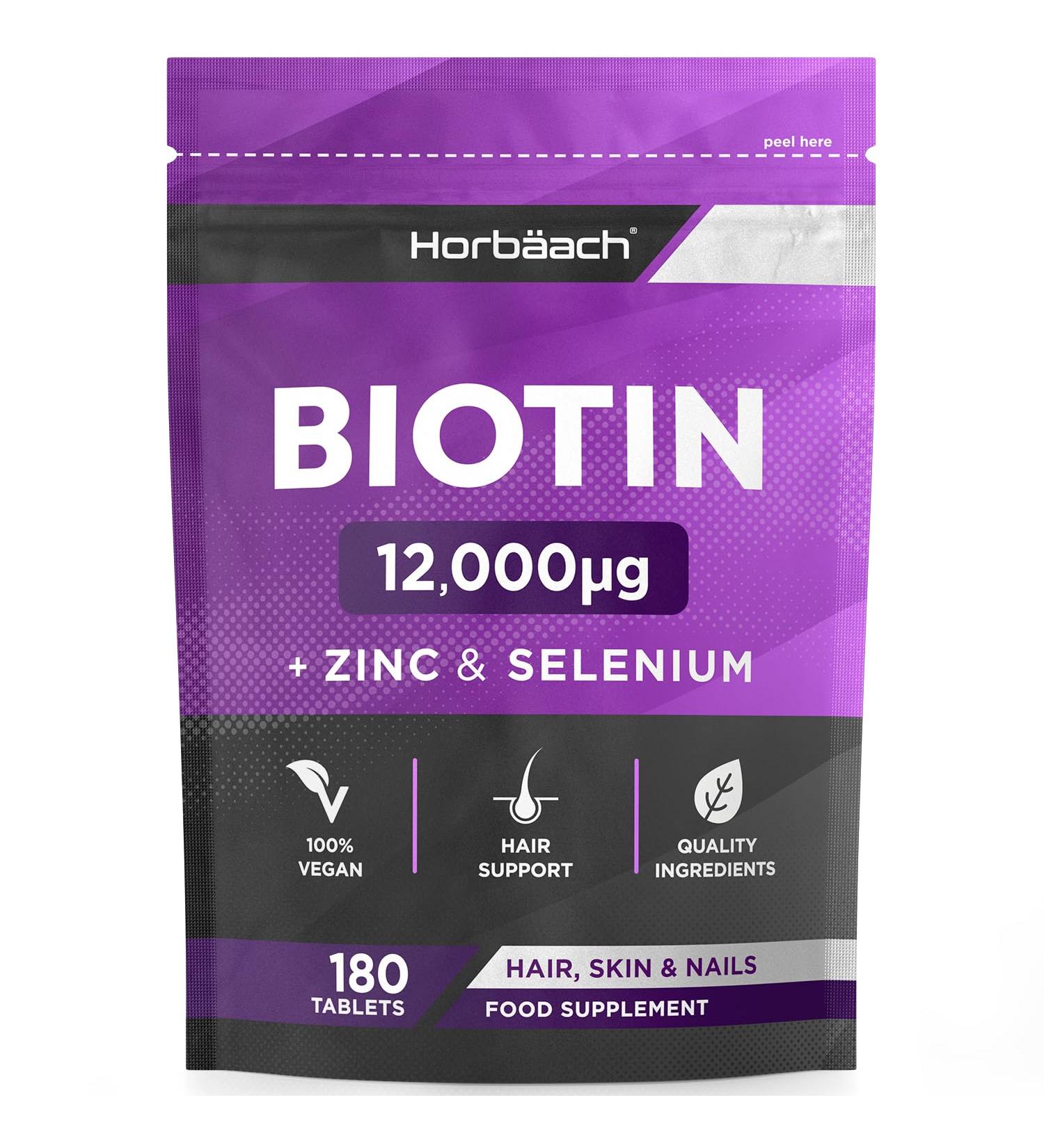 Biotin Tablets 12000ug | 180 Count | High Strength Complex with Zinc and Selenium | Vegan Supplement | by Horbaach - Buy Online on GoSupps.com