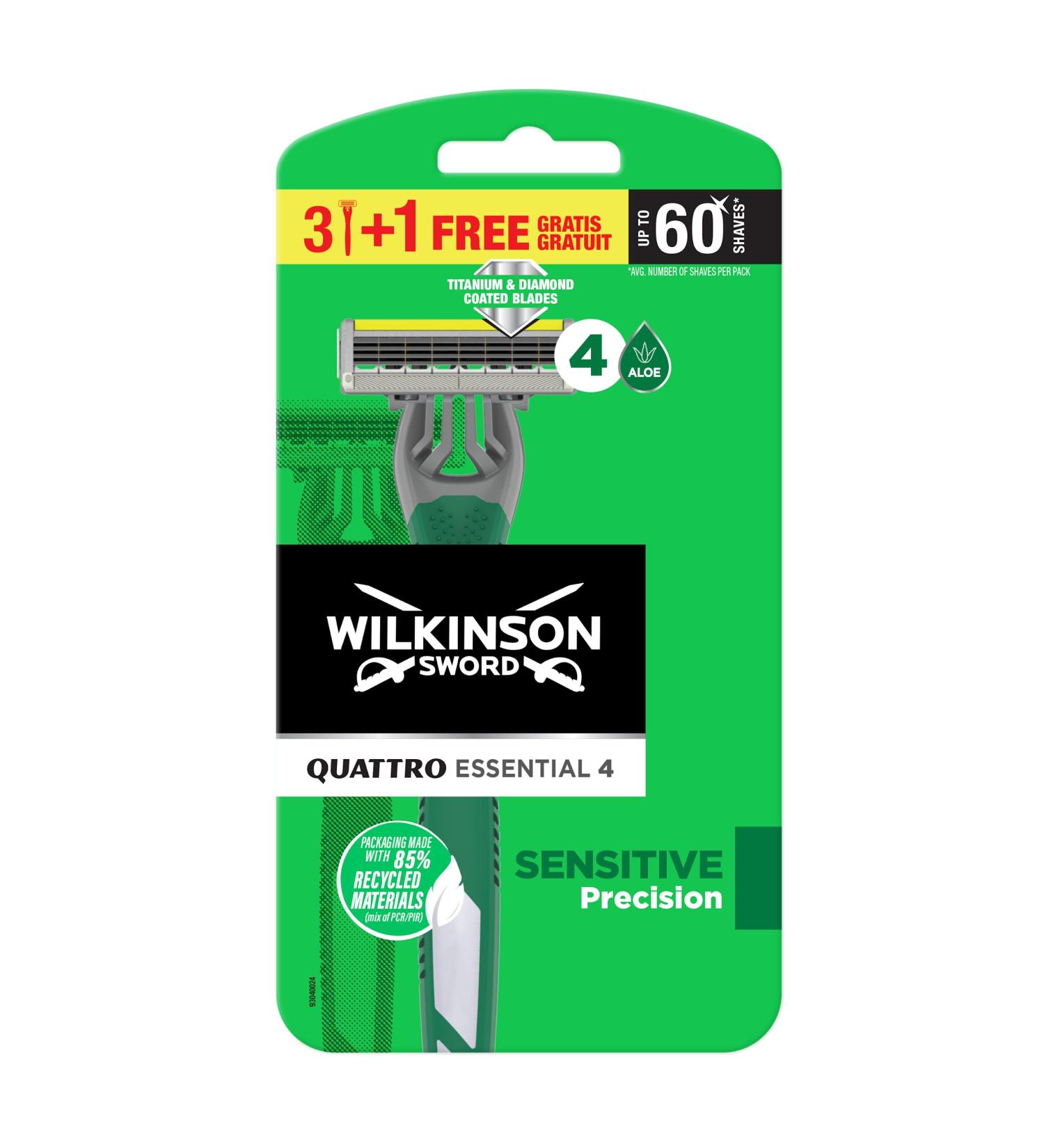 Wilkinson Sword Quattro Essential 4 Sensitive Disposable Razors for Men 3+1