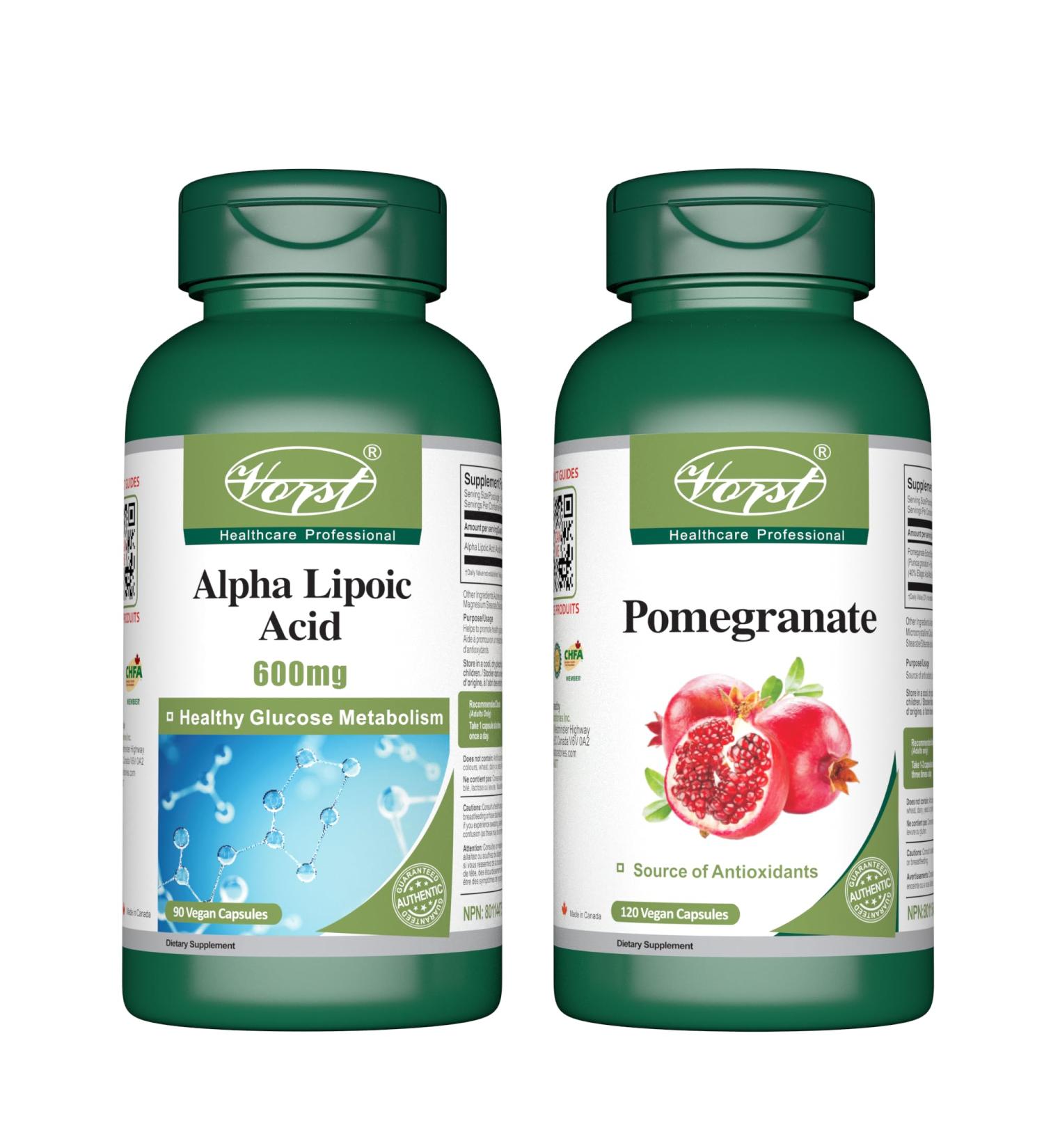 VORST Alpha Lipoic Acid 600mg 90 Vegan Capsules & Pomegranate Extract 120 Vegan Capsules (Combo Bundle 2 Bottles) - Buy Online on GoSupps.com