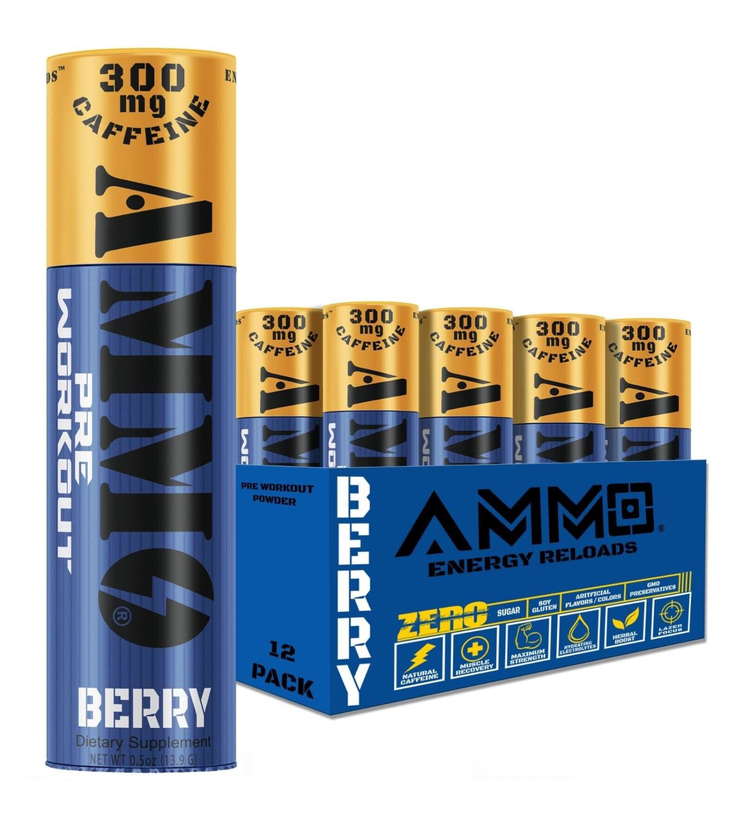 Ammo Pre Workout Berry 12Pack Single Serve Powder On The Go - Extra Strength 300mg Caffeine Zero Sugar All Natural Energy Reloads - Buy Online on GoSupps.com