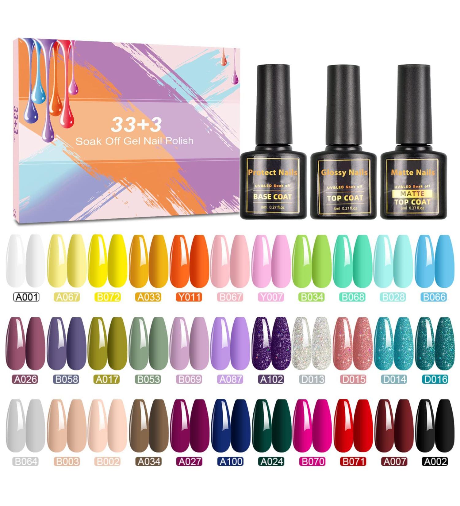 SHOWNAIL 36Pcs Gel Nail Polish Set - Soak Off, Base & Top Coat, Pastel, Neon & Glitter Colors | DIY Nail Collection 33A - Buy Online on GoSupps.com