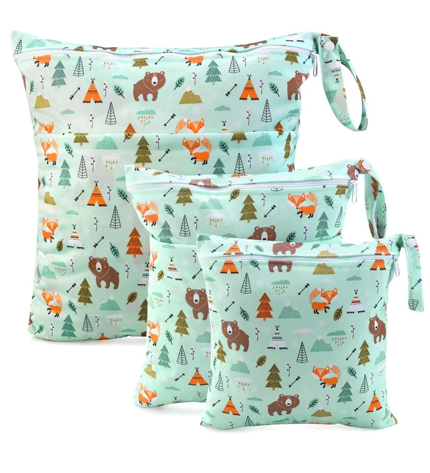 Ceekii Wet Dry Cloth Diaper Pockets - 3 Pack Washable Travel Wet Bags | Waterproof Baby Beach Pool Gym Bag with Zip Pocket & Snack Handle - Green - Buy Online on GoSupps.com