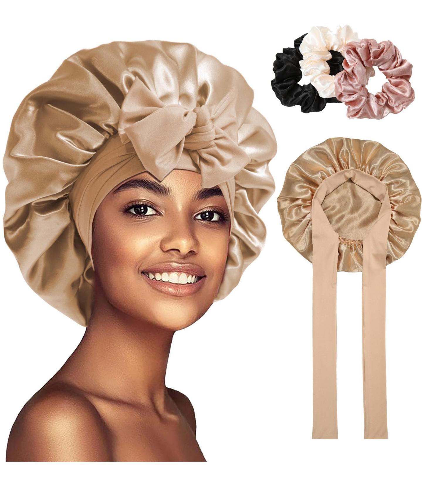 Welrog Silk Night Hair Hood for Women Luxurious Champagne Gold Sleep Cap with 3 Hair Ties | Perfect Bonnet for Healthy Hair - Buy Online on GoSupps.com