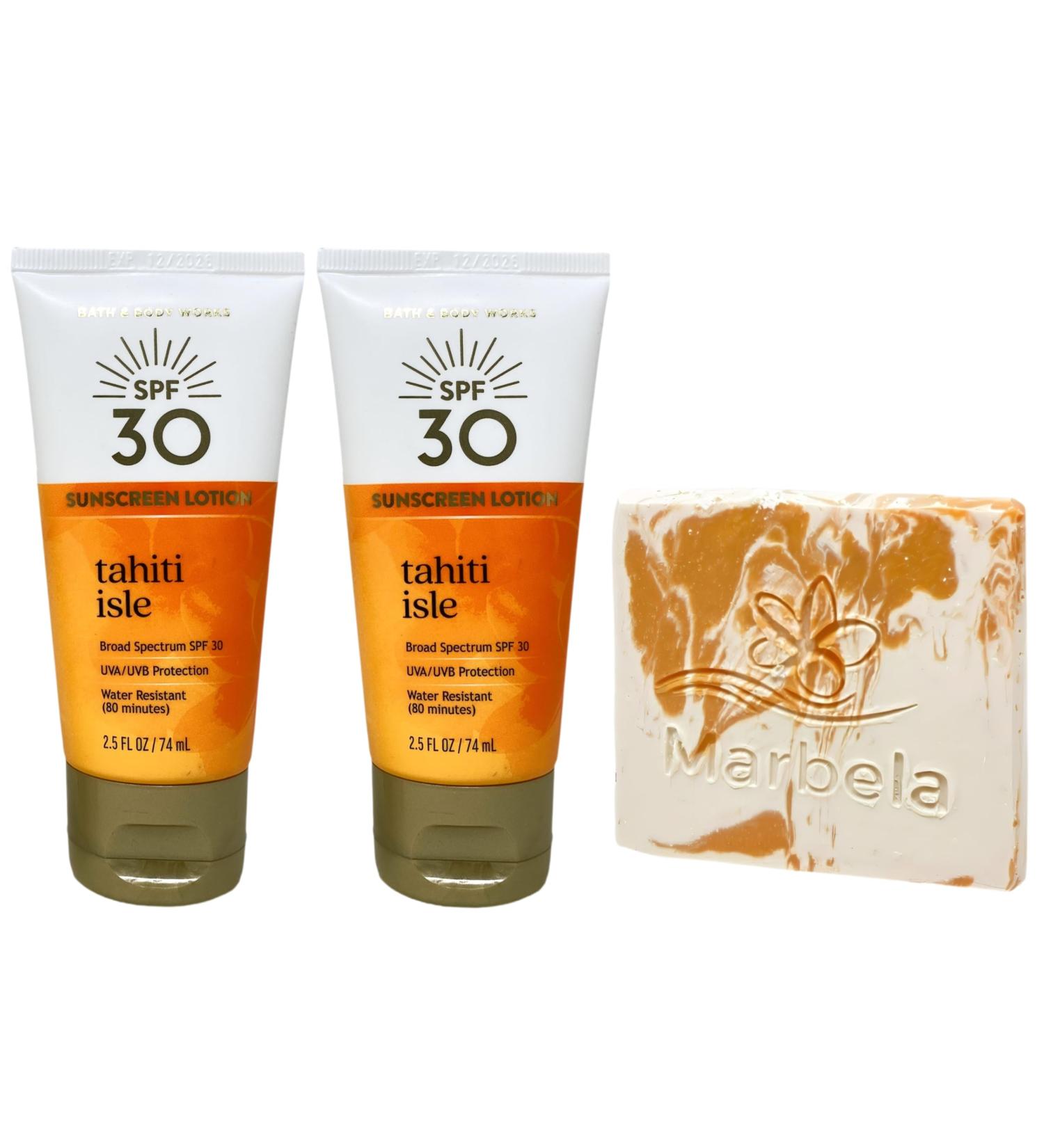 Bath & Body Works Tahiti Isle 2 SPF 30 Sunscreen Lotions Travel Size with a Peach Gardenia Sample Soap - Buy Online on GoSupps.com