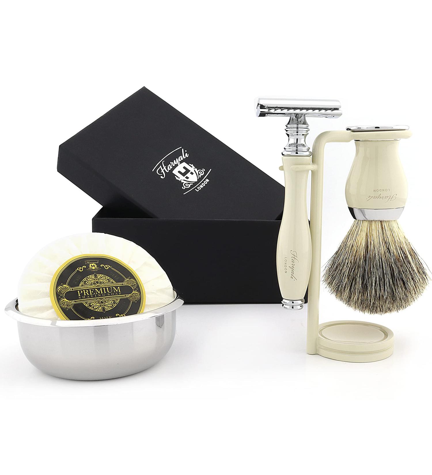 Haryali London 5 Pc Shaving Kit with Double Edge Safety Razor, Badger Shaving Brush, Soap, Bowl, Stand - Ivory Color Shaving Set - Buy Online on GoSupps.com