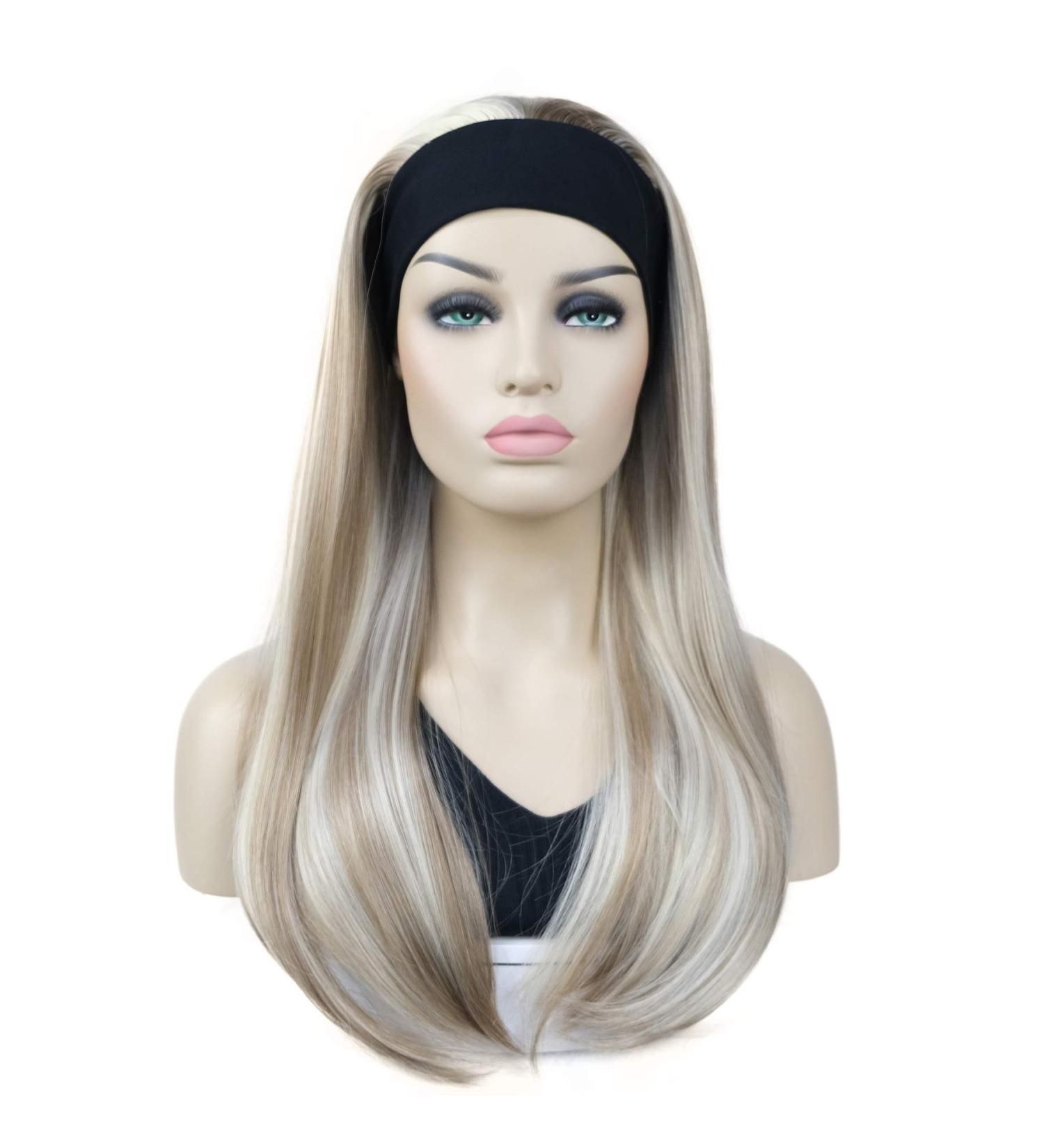 Lydell Long 3/4 Women's Wig - Smooth Hair Part Adjustable Black Headband Synthetic Hair with H16/613 Blonde Highlights | Shop Internationally - Buy Online on GoSupps.com