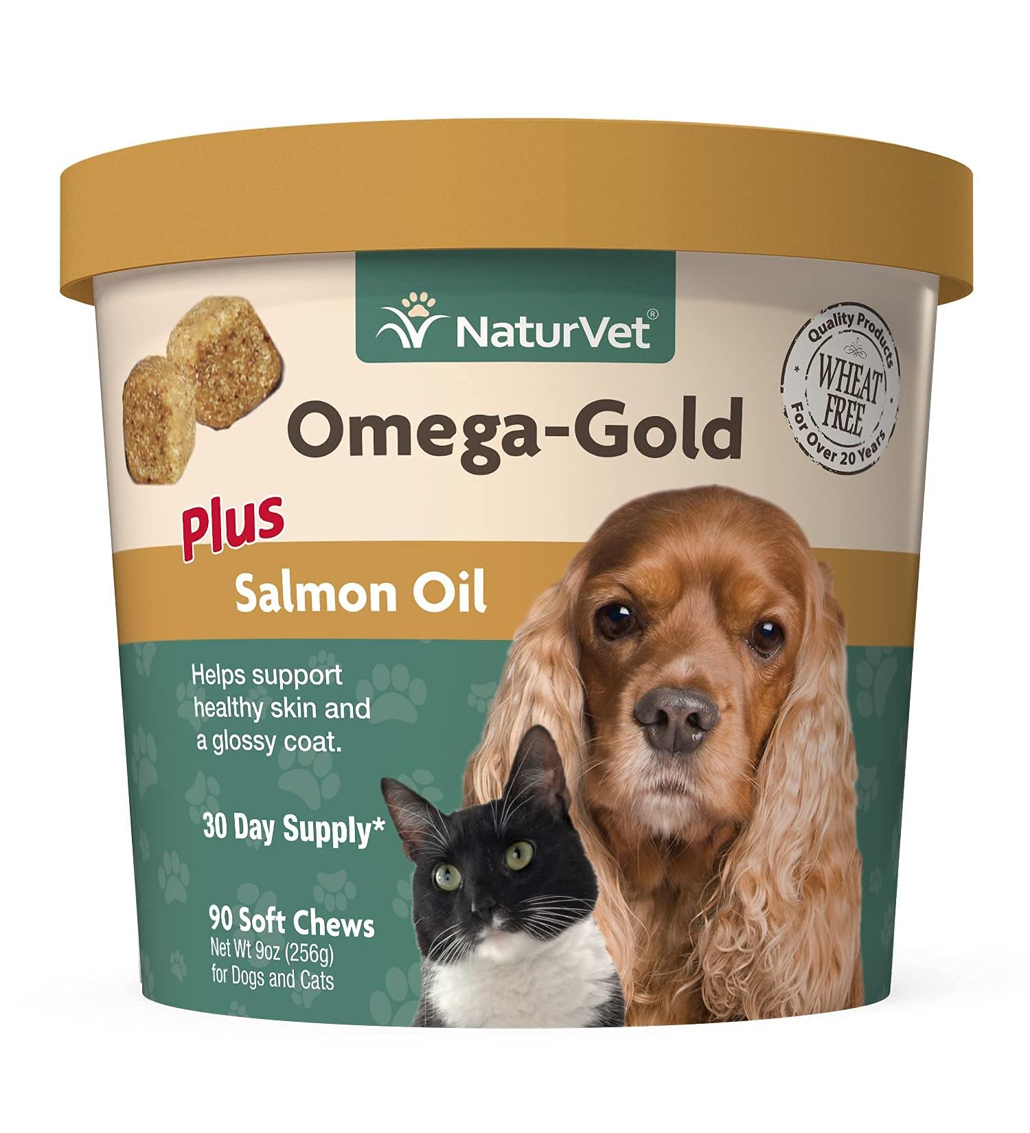 NaturVet Omega-Gold Plus Salmon Oil for Dogs & Cats â€“ 90 Soft Chews for Healthy Skin & Coat - Buy Online on GoSupps.com