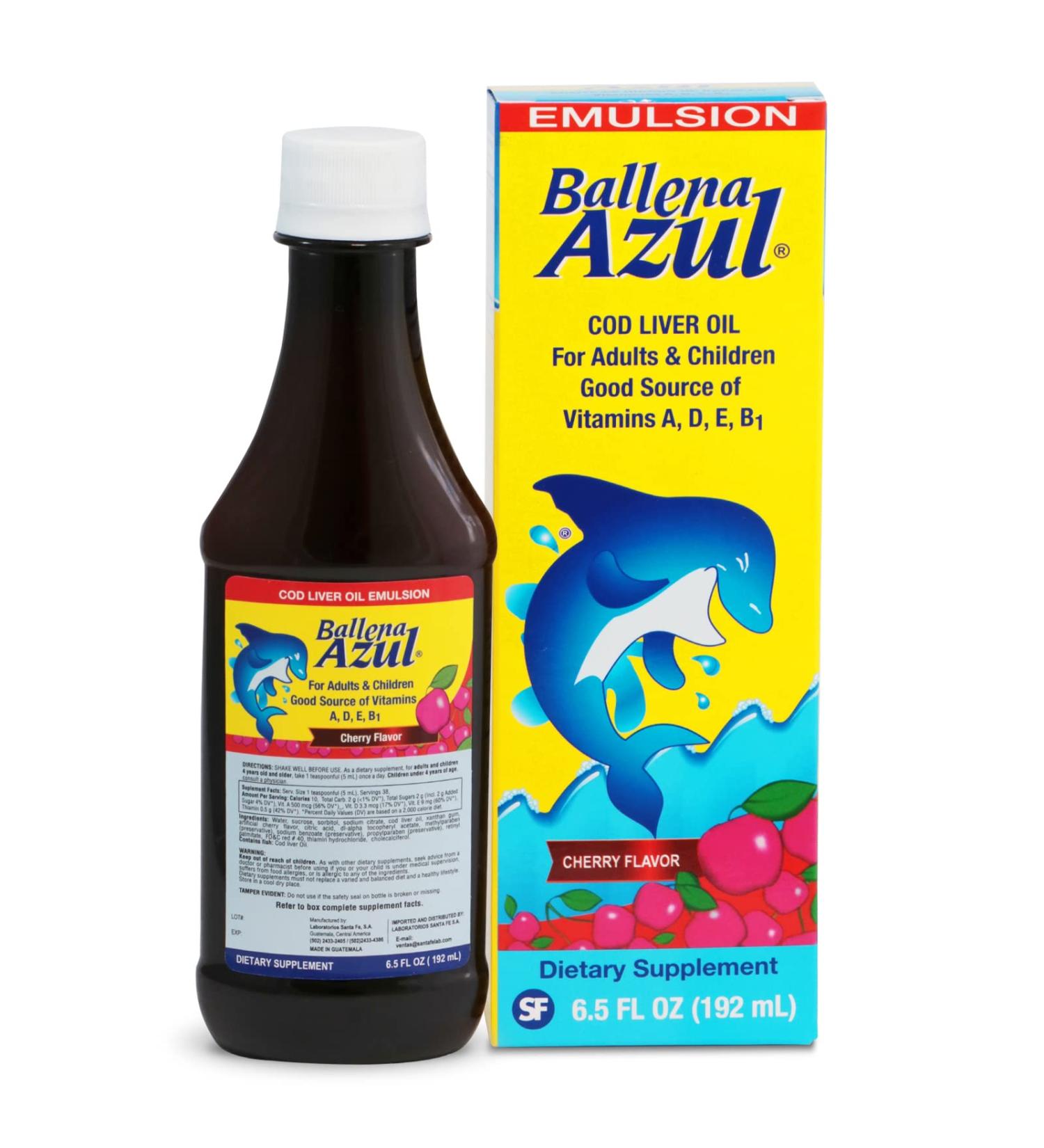 Ballena Azul Aceite de Hgado de Bacalao para Adultos y Nios  COD Liver Oil for Adults and Children  Good Source of Vitamins A D E  B1  Dietary Supplement  Omega 3  Inmune System Boost  (Cherry) - Buy Online on GoSupps.com