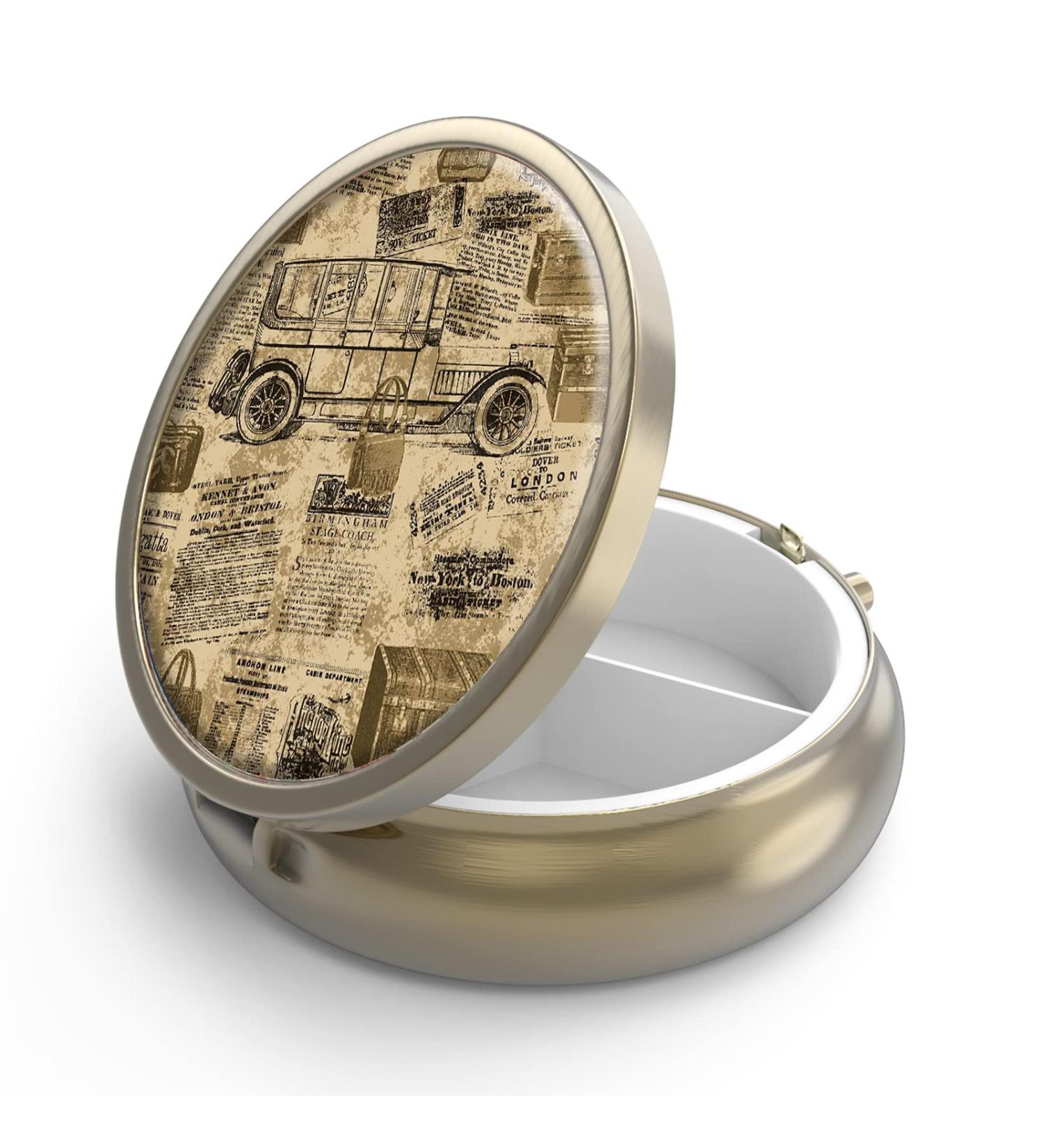 Retro Bronze Pill Can Box with Mirror - 3 Compartment Small Round Container for Vitamins Fish Oil & Supplements | Y-19 Vintage MAP-2 - Buy Online on GoSupps.com