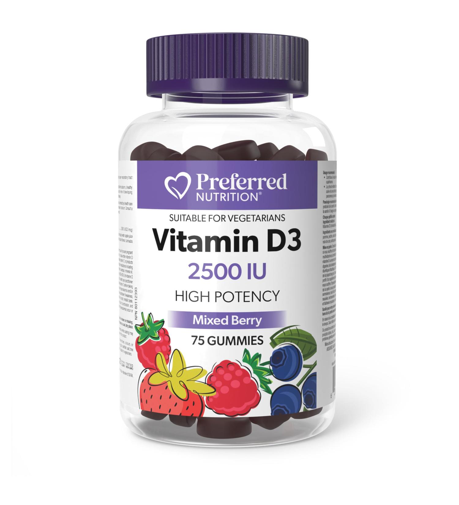 Preferred Nutrition Vitamin D3 2500IU 75 Gummies High Potency Mixed Berry Flavour Helps prevent Vitamin D deficiency Suitable for Vegetarians 75 count (Pack of 1) D3 2500 IU