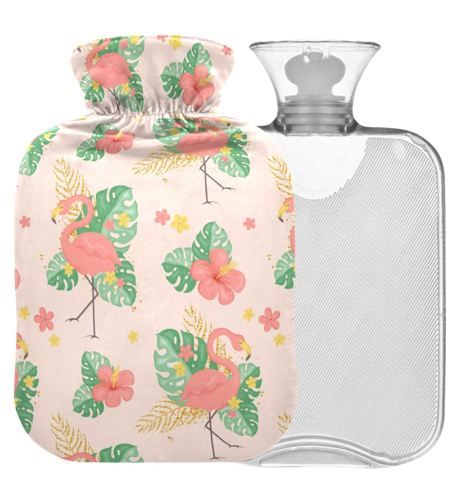 Naanle Tropical Leaves Flamingo Heat Bottle - 2L Large Hot Water Bottle with Cover for Bed & Pain Relief - Buy Online on GoSupps.com