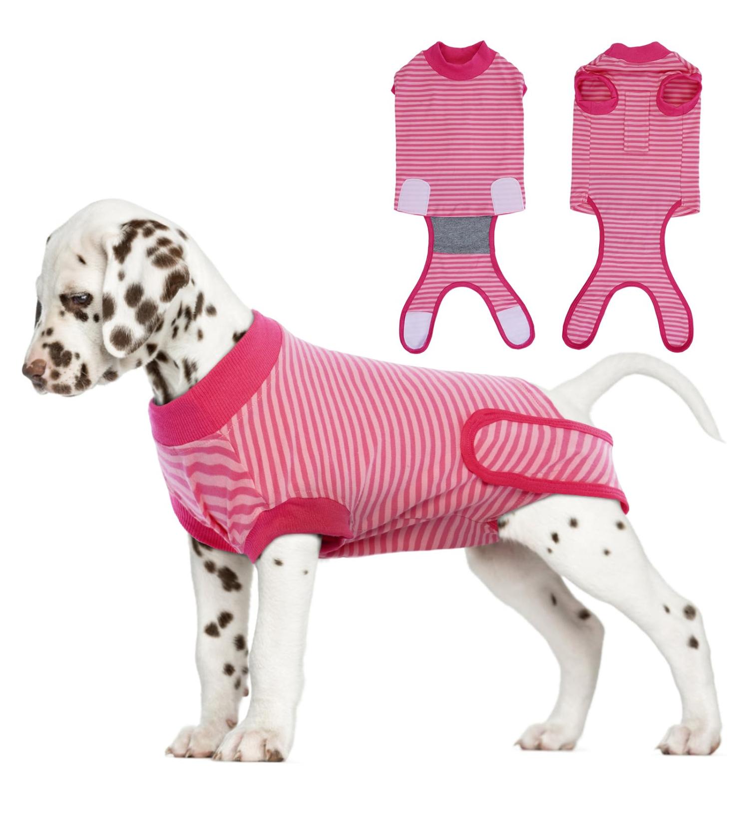 Recreational Dog Suit - Medical Protective Shirt for Small Medium & Large Dogs | Anti-Lick Wound Protection - Red Striped - Buy Online on GoSupps.com
