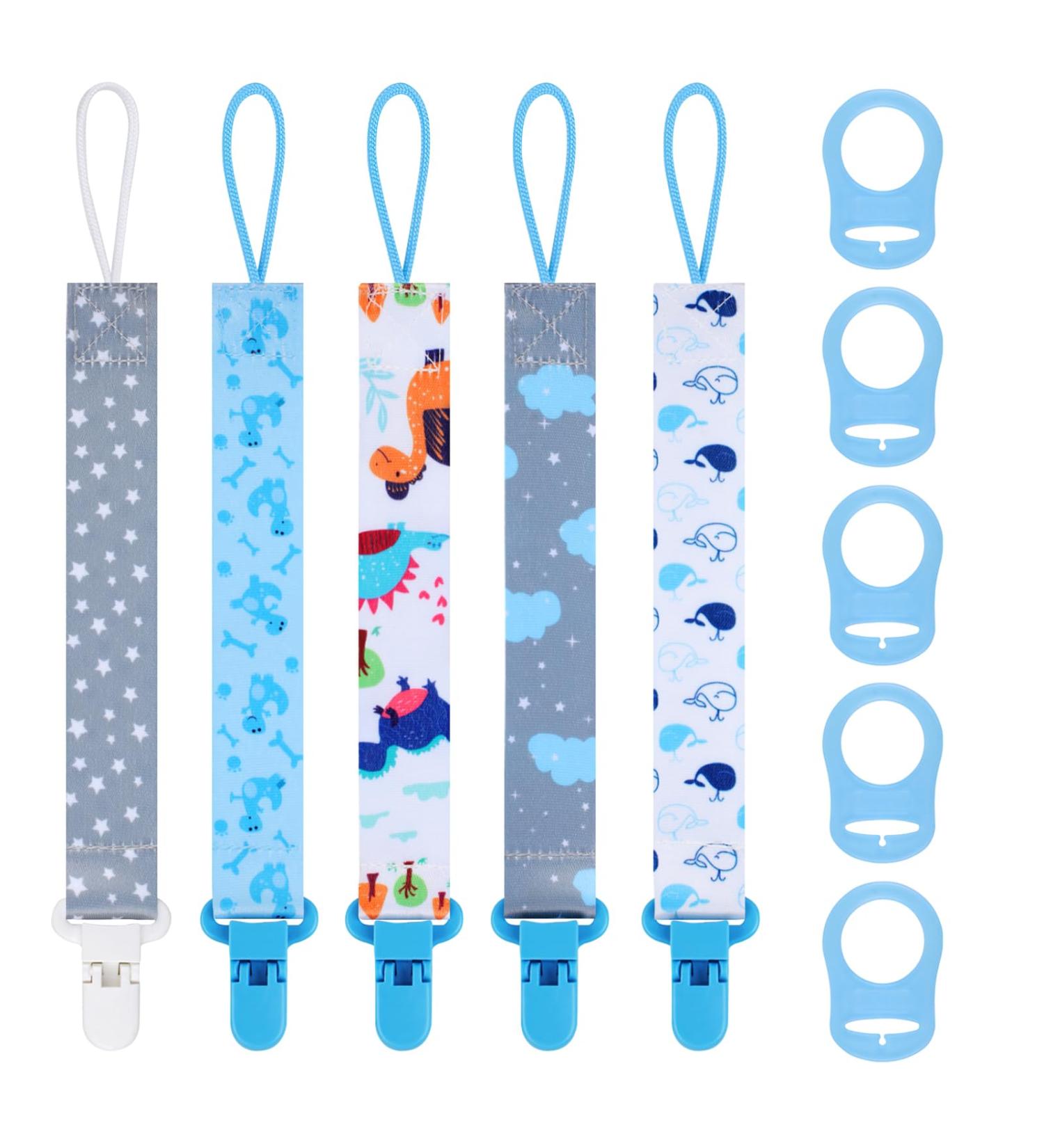 5 Pcs Blue Baby Dummy Clips Set with Silicone Adapter - Soother Chain Holder Straps for Boys | Teething Clips for Teething Toys | Baby Shower Gift - PP Material - Buy Online on GoSupps.com