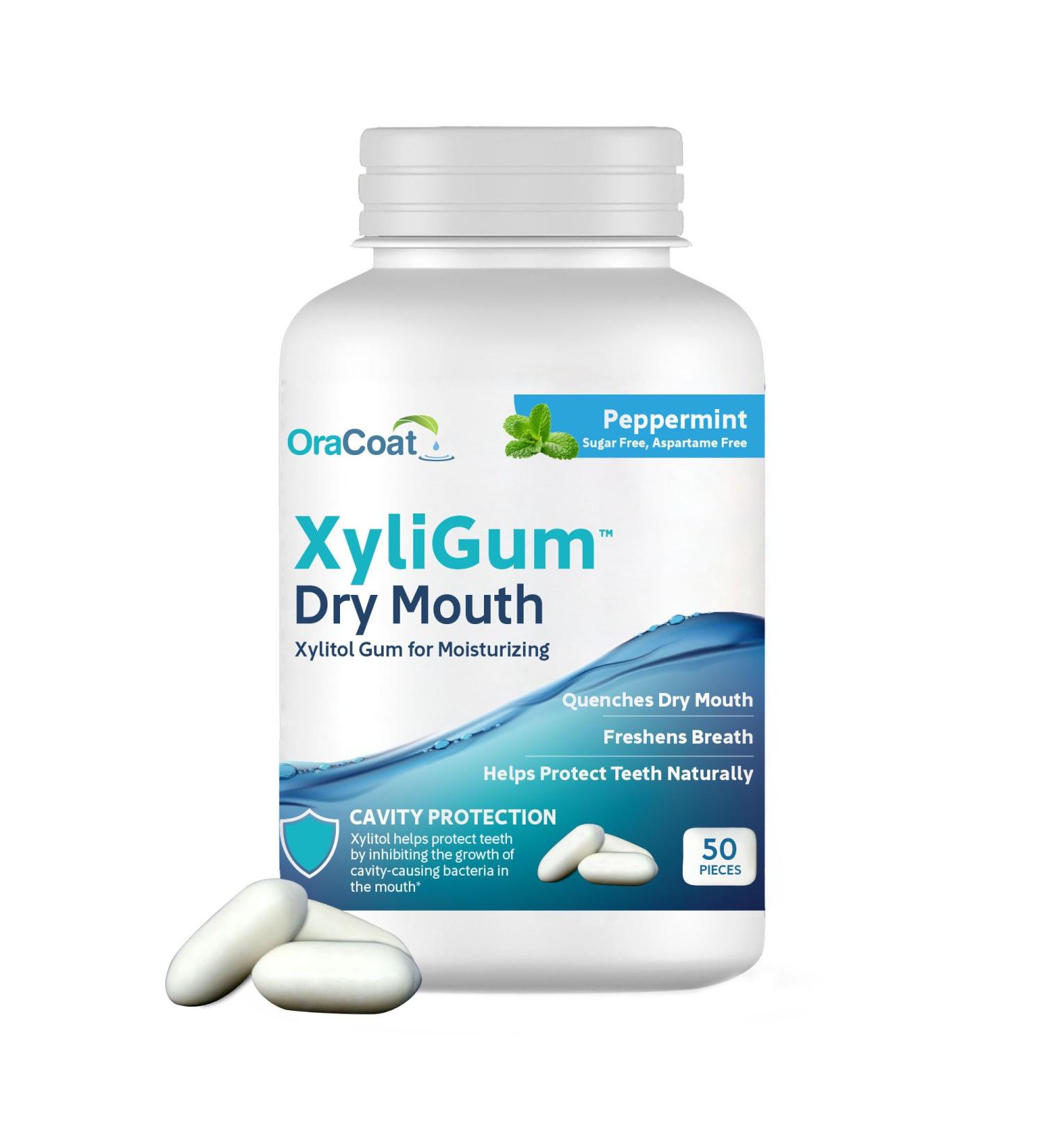 OraCoat XyliGum Dry Mouth Chewing Gum - Sugar Free Peppermint with Xylitol | 50 Piece Bottle for Gum Health & Hydration - Buy Online on GoSupps.com