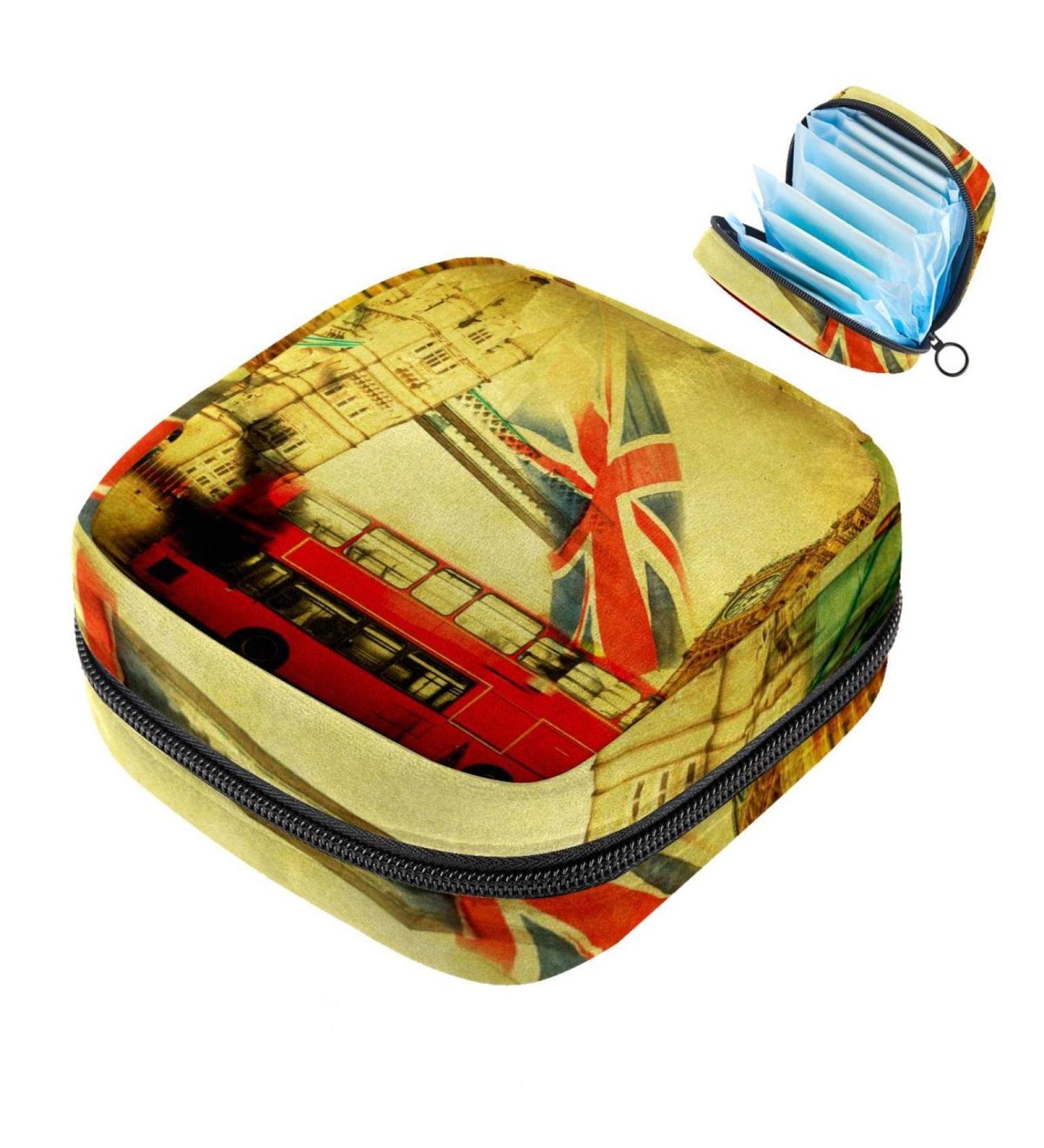 Vintage-Inspired Menstruation Bag | Zippered Women's Napkin & Tampon Organizer | Stylish Collage with London Icons - Buy Online on GoSupps.com