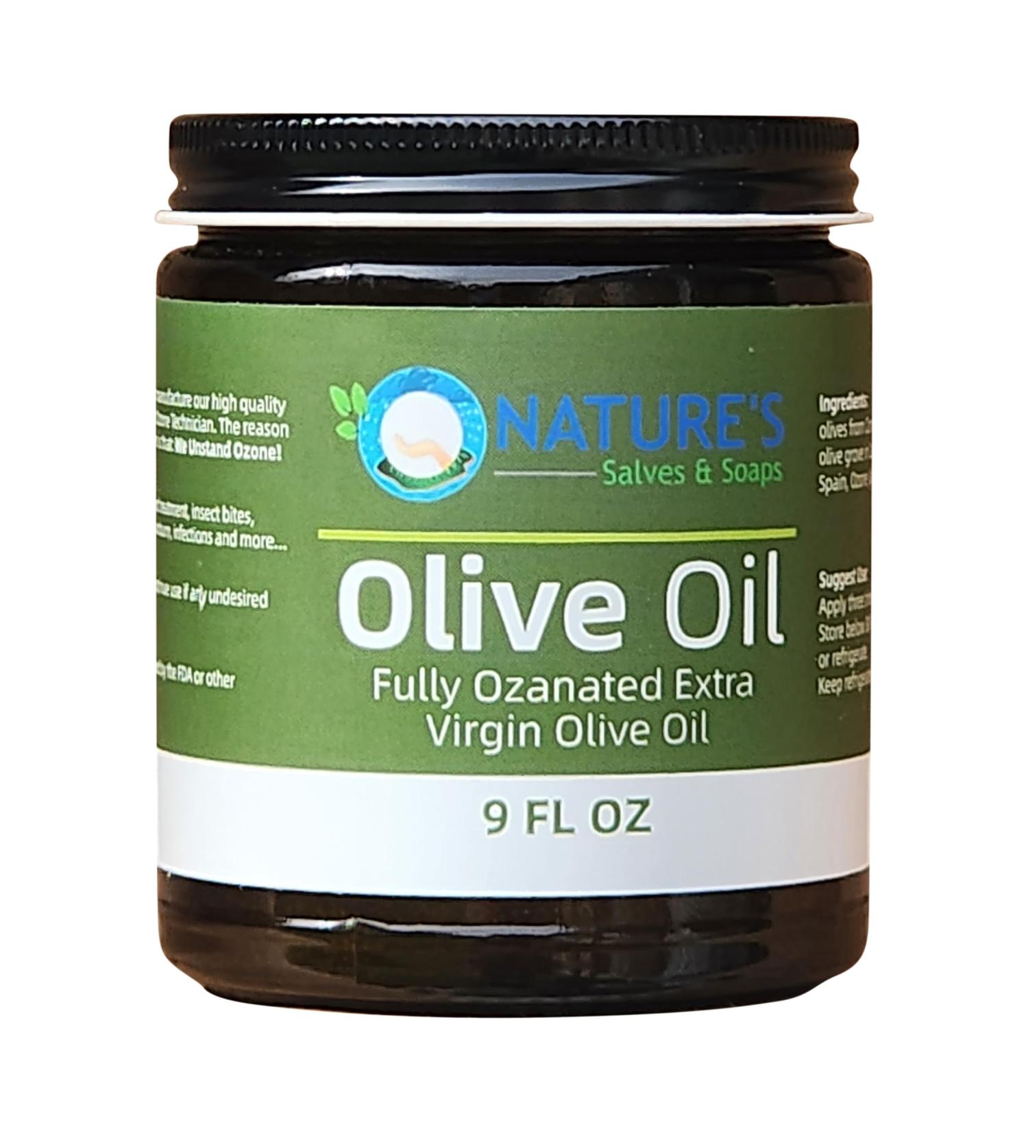 Nature's Salves and Soaps Fully Ozonated Cold Pressed Extra Virgin Olive Oil. Holistic Homeopathic Natural Dental Skin Hair - 9 Oz - * Glass Jar *