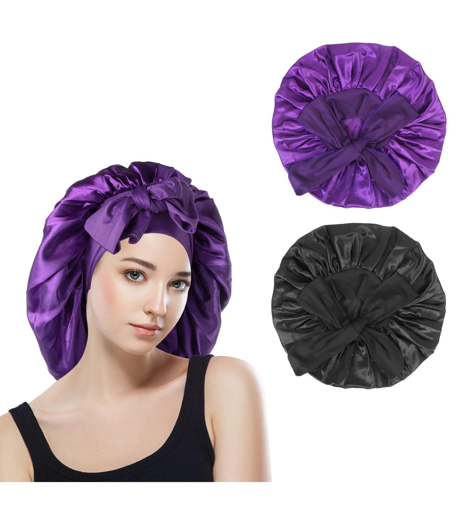 Classycoo 2PCS Large Satin Sleep Bonnet Set - Adjustable Silk Bonnet for Women and Men | Black + Purple - Buy Online on GoSupps.com