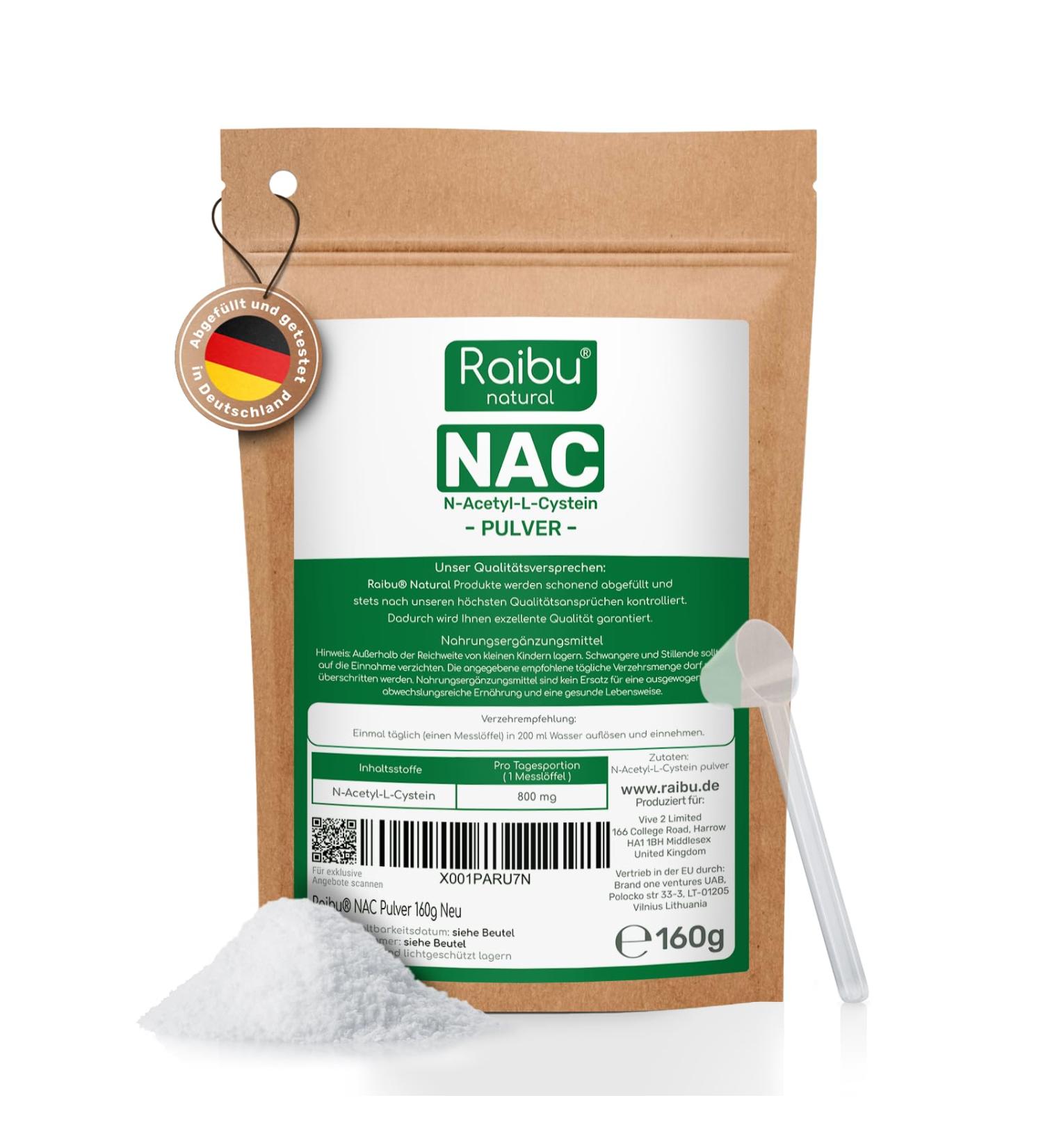Buy Raibu NAC Powder 160g - Premium Quality N-Acetyl Cysteine 100% Pure & Additive-Free | German Made - Buy Online on GoSupps.com