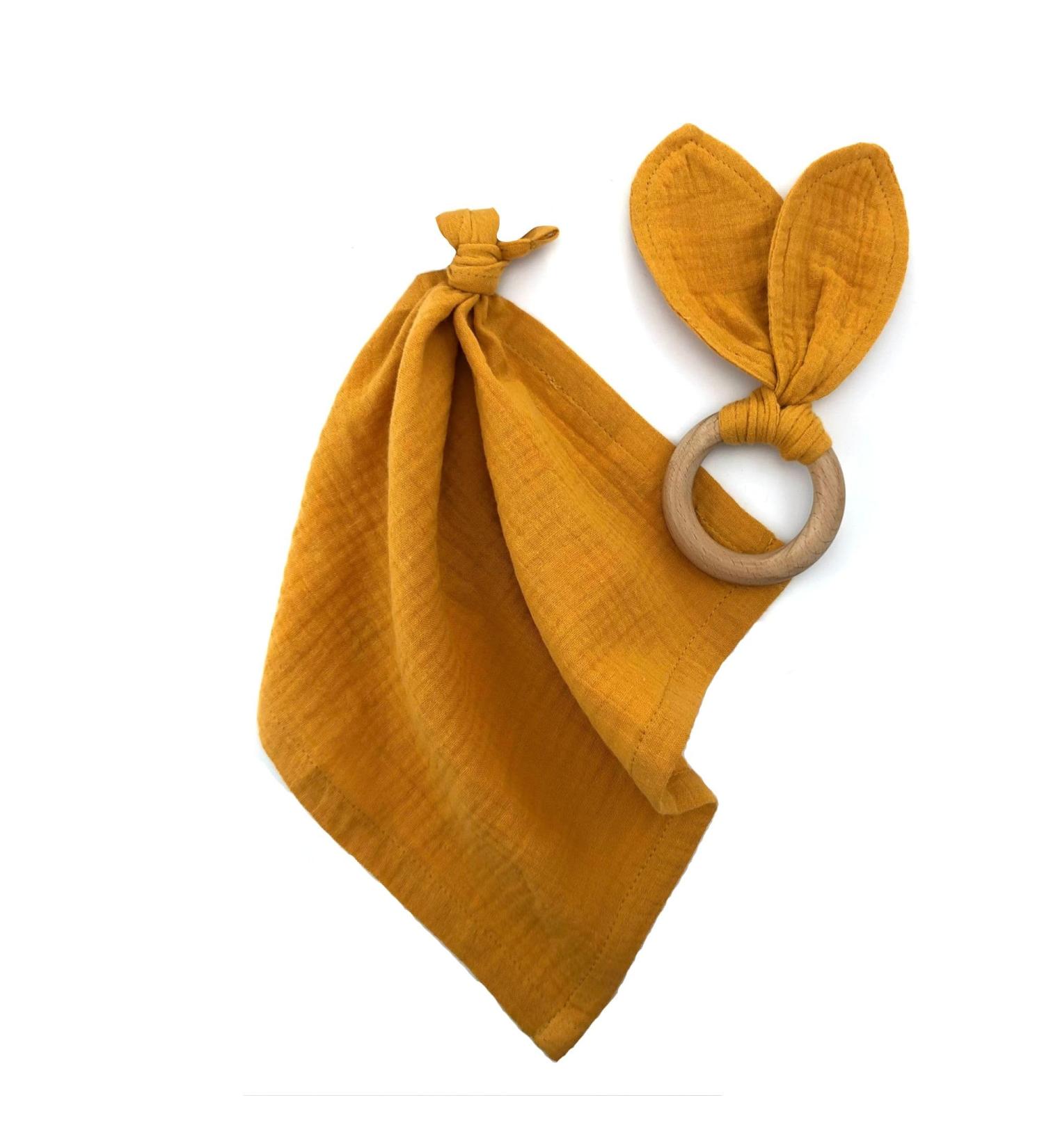 Organic Cotton Security Blanket & Bunny Ears Teething Ring Set for Babies | 100% Muslin Fabric & Wooden Teether in Yellow - Buy Online on GoSupps.com