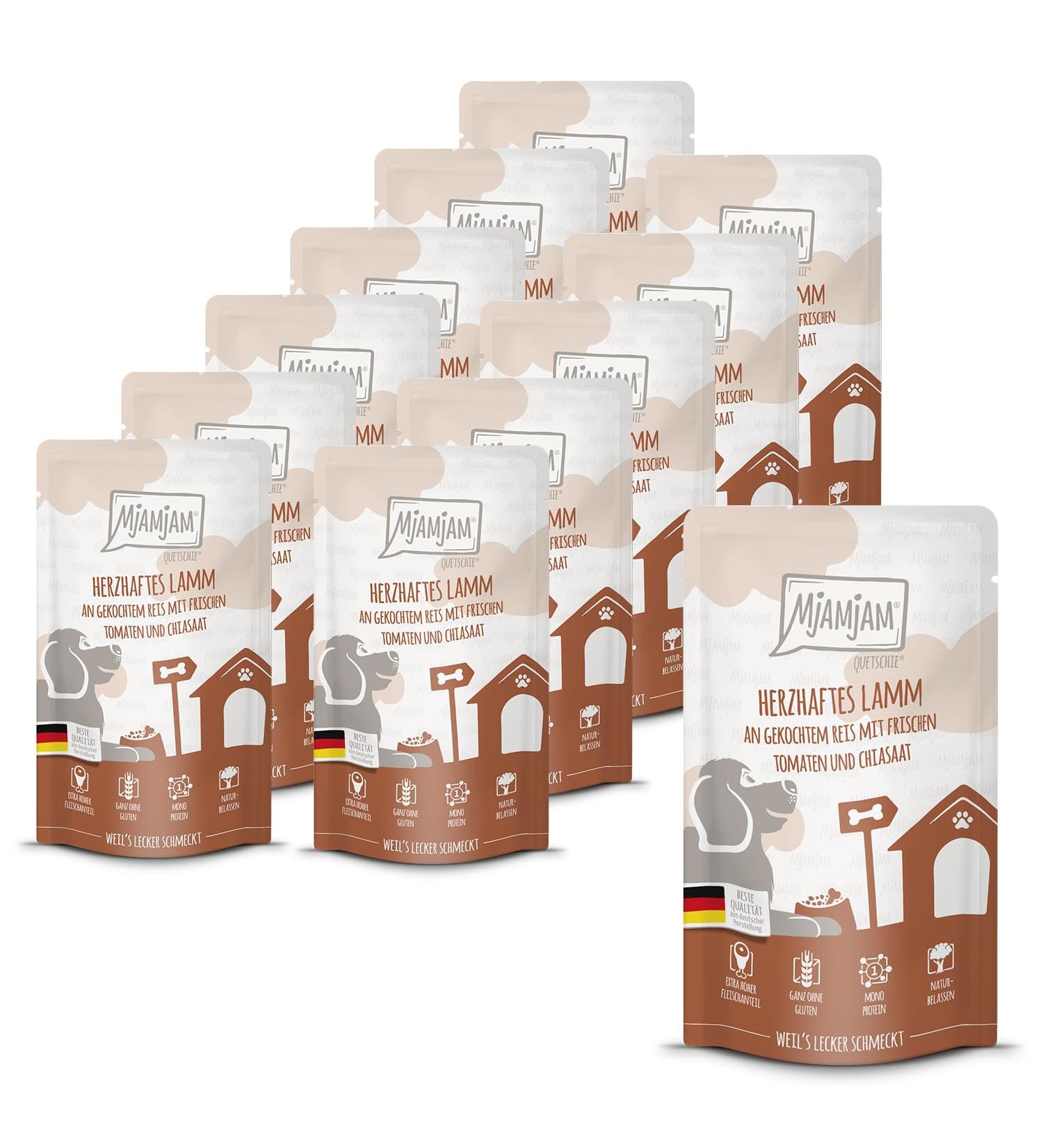 MjAMjAM - Premium wet food for dogs - Quetschie - tasty lamb meat accompanied by cooked rice fresh tomatoes and chia seeds pack of 12 (12 x 125g)