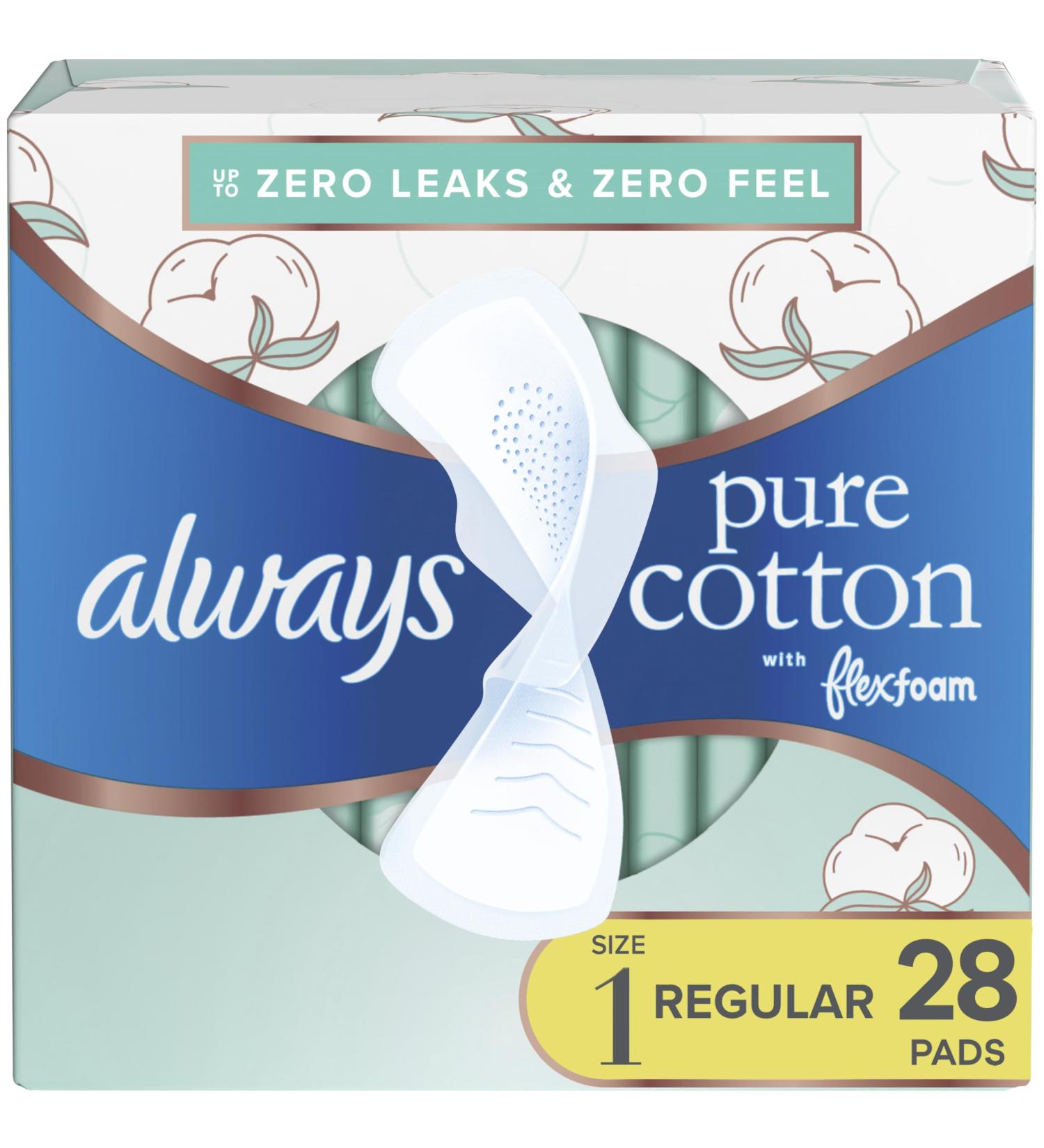 Always Pure Cotton With Flexfoam Pads For Women Size 1 Regular Absorbency With Wings 28 Count Size 1 28 Count - Buy Online on GoSupps.com