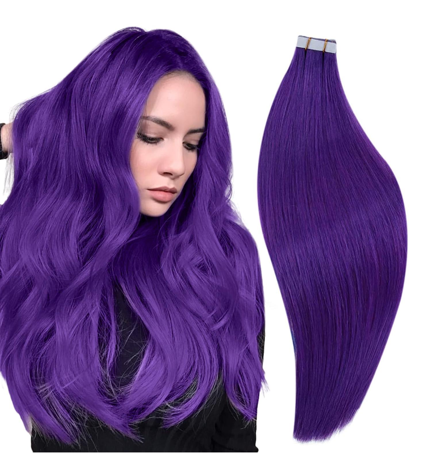 Runatur Real Hair Extensions Tape - Purple 45cm | 10 Piece Invisible Human Hair Extensions | 25g Color #Purple - Buy Online on GoSupps.com