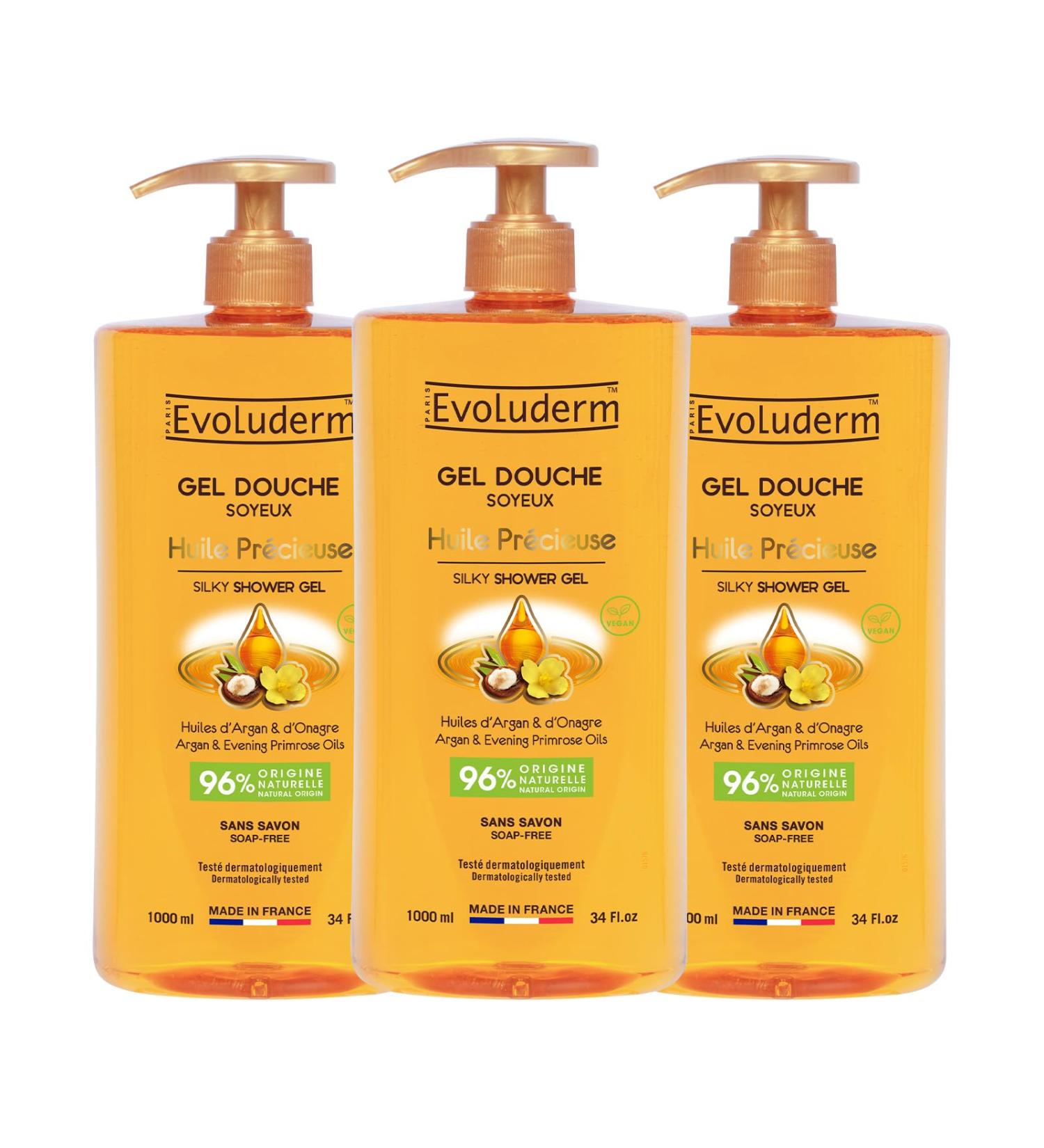  Evoluderm EVOLUDERM - Silky Shower Gel Precious Oil - 1000 ml - 96% Natural Origin - Vegan - Made in France - Pack of 3 x 1000 ml - Buy Online on GoSupps.com