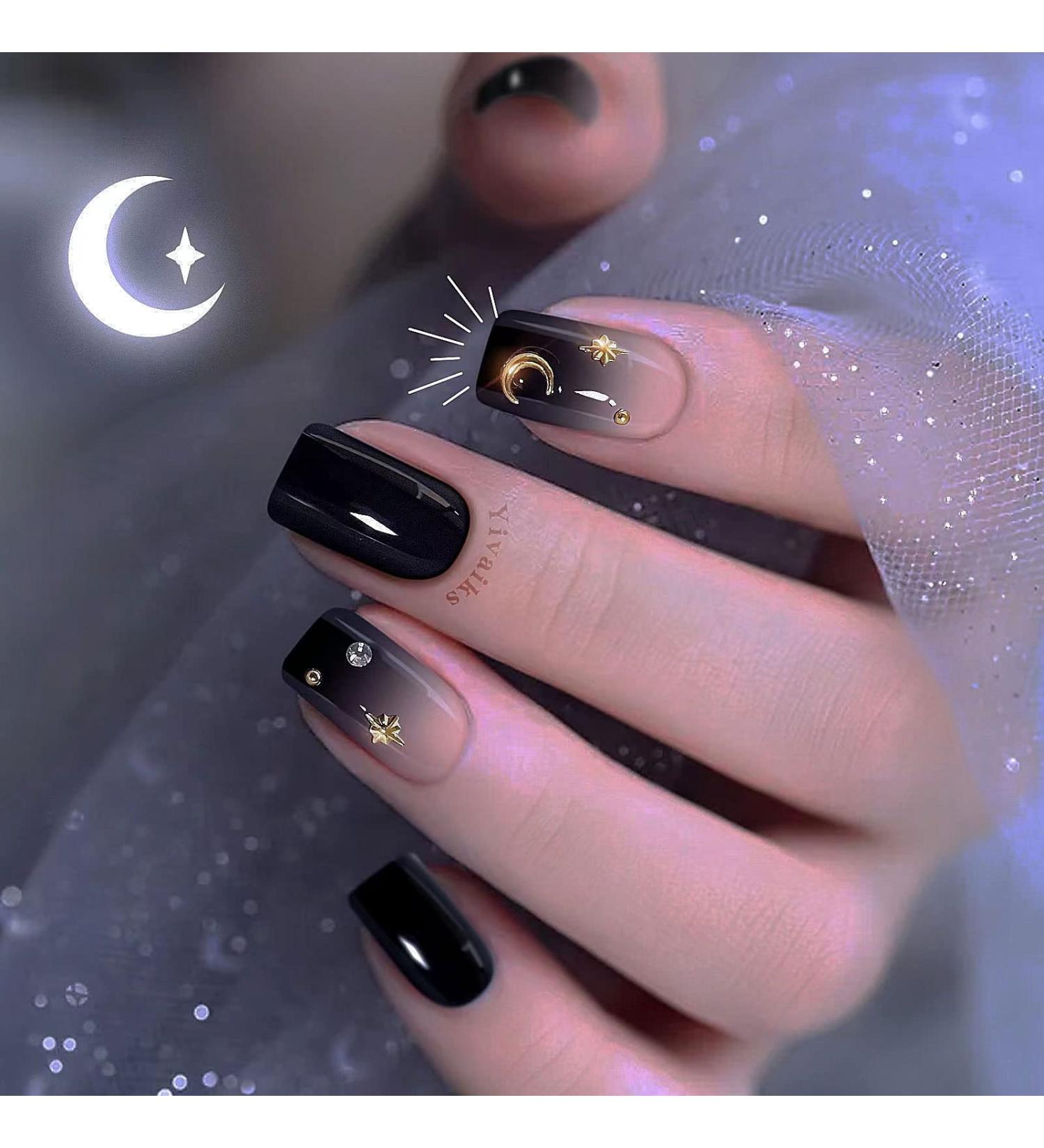 Yivaiks Star Black Press on Nails Short Goth Fake Nails | Gradient Star Moon Finger False Nail Art (24pcs) - Glue on Nails for Women and Girls - Buy Online on GoSupps.com