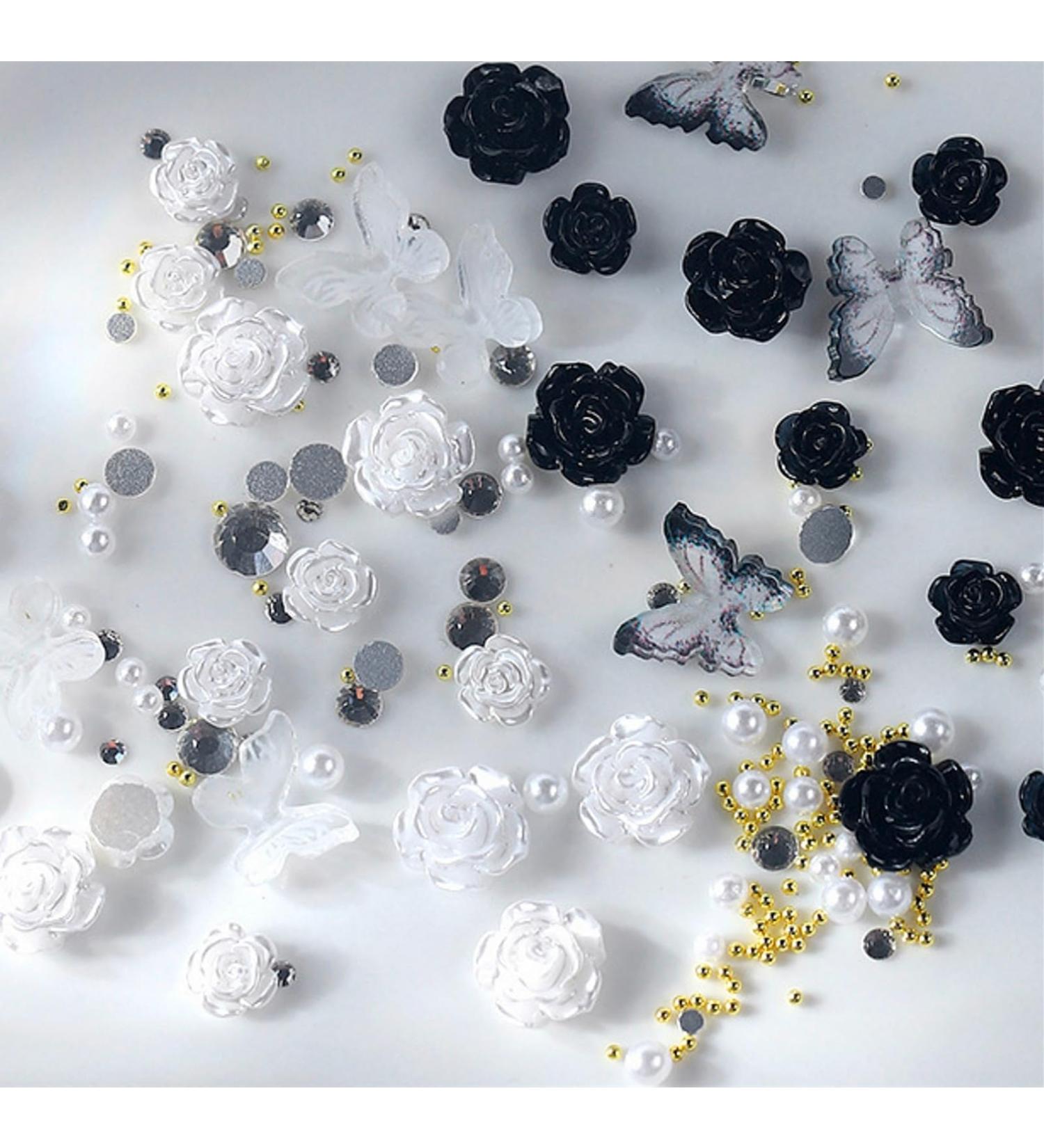 3D Flower Nail Charms 200 Pcs White Black Clear Acrylic Camellia Nail Art Charms Rose Butterfly Nail Rhinestones Gems Jewelry with Mini Caviar Beads Pearls (White+Black+Clear) - Buy Online on GoSupps.com
