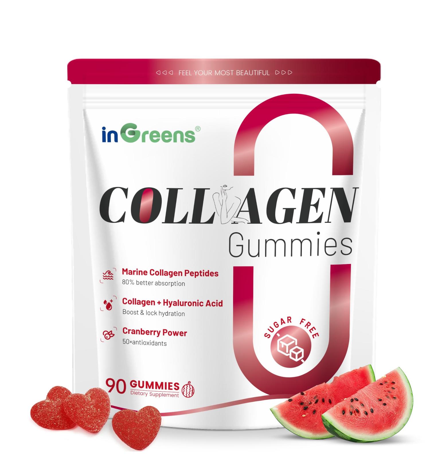inGreens Collagen Peptides Gummies for Women - 5000mg Hydrolyzed Marine Collagen Sugar Free with Type I II III & Biotin 90 Count - Buy Online on GoSupps.com