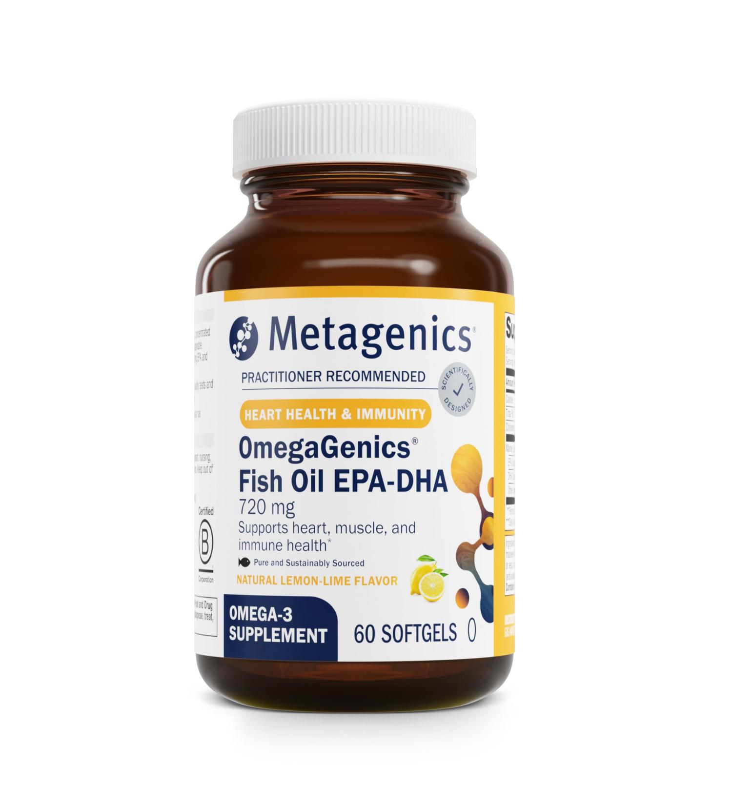 Metagenics OmegaGenics Fish Oil EPA-DHA 720 mg - High Potency Omega-3 Supplement* - Supports Heart Joint Brain & Immune Health* - Sustainably Sourced Purity-Tested Fish Oil - 60 Softgels Lemon-Lime 60 Count (Pack of 1) - Buy Online on GoSupps.com