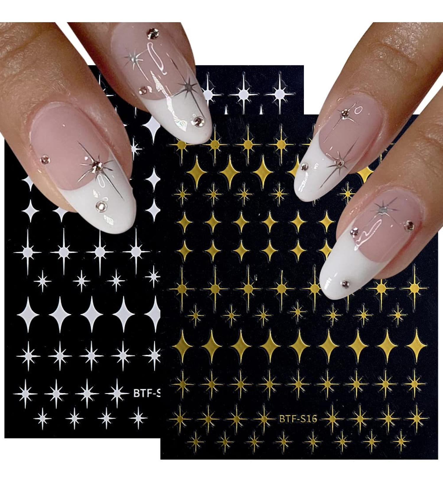 Star Nail Art Stickers - 8 Self-Adhesive 3D Decals in Gold, Silver, Black, and White - Nail Art Design Accessories for Women and Girls - Manicure DIY Sparkle - Buy Online on GoSupps.com